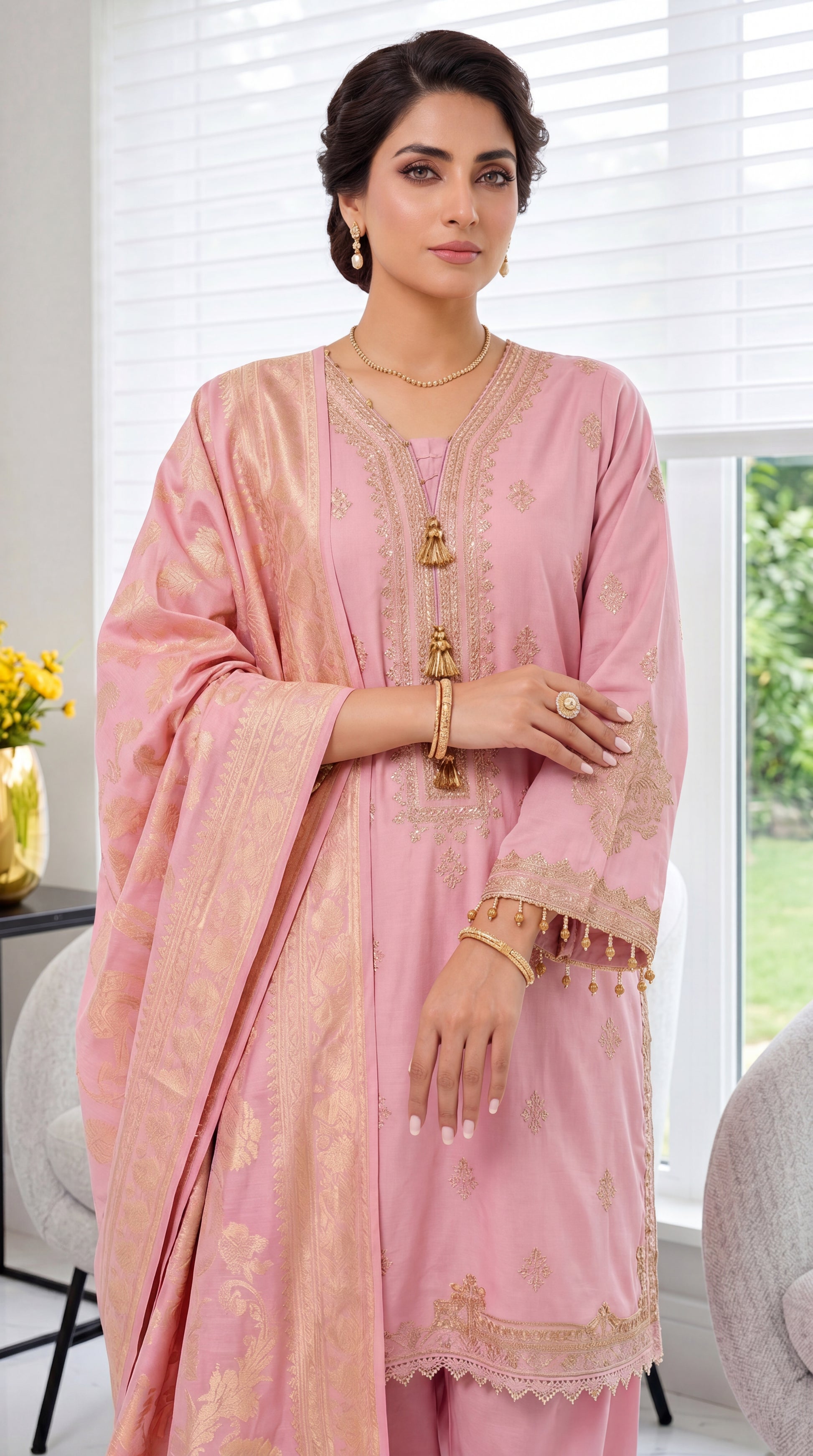 Women's Pearl Pink Jacquard Suit PL00939 | Gold Motif Dupatta & Tassel Detail | 3 Piece | Jacquard PURPLE / SML