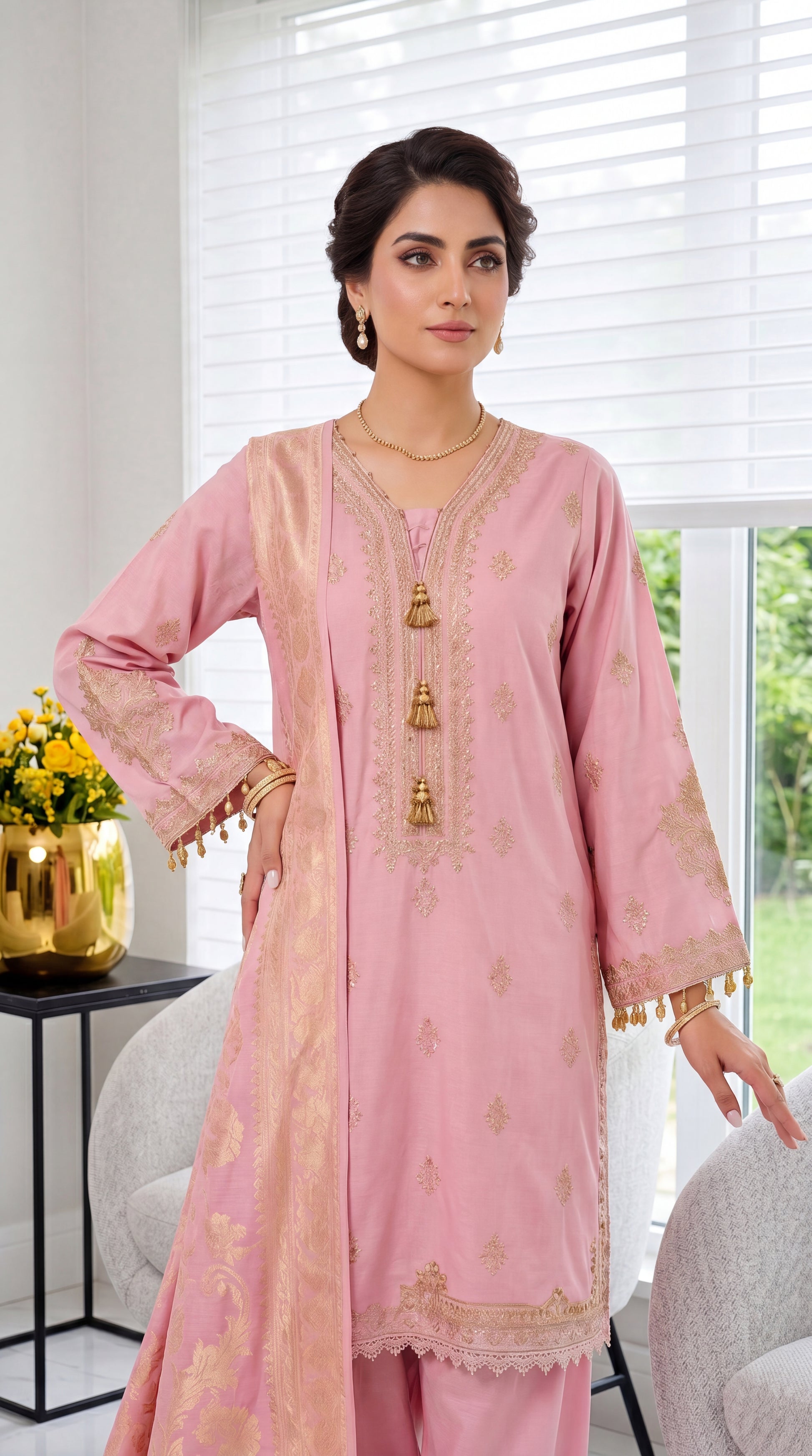 Women's Pearl Pink Jacquard Suit PL00939 | Gold Motif Dupatta & Tassel Detail | 3 Piece | Jacquard PURPLE / SML