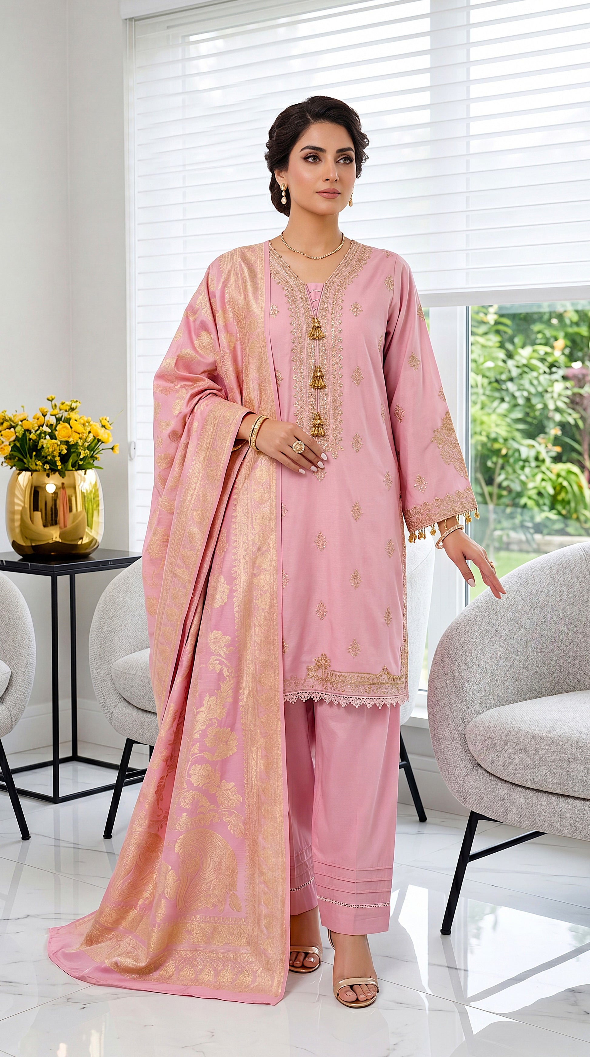 Women's Pearl Pink Jacquard Suit PL00939 | Gold Motif Dupatta & Tassel Detail | 3 Piece | Jacquard PURPLE / SML