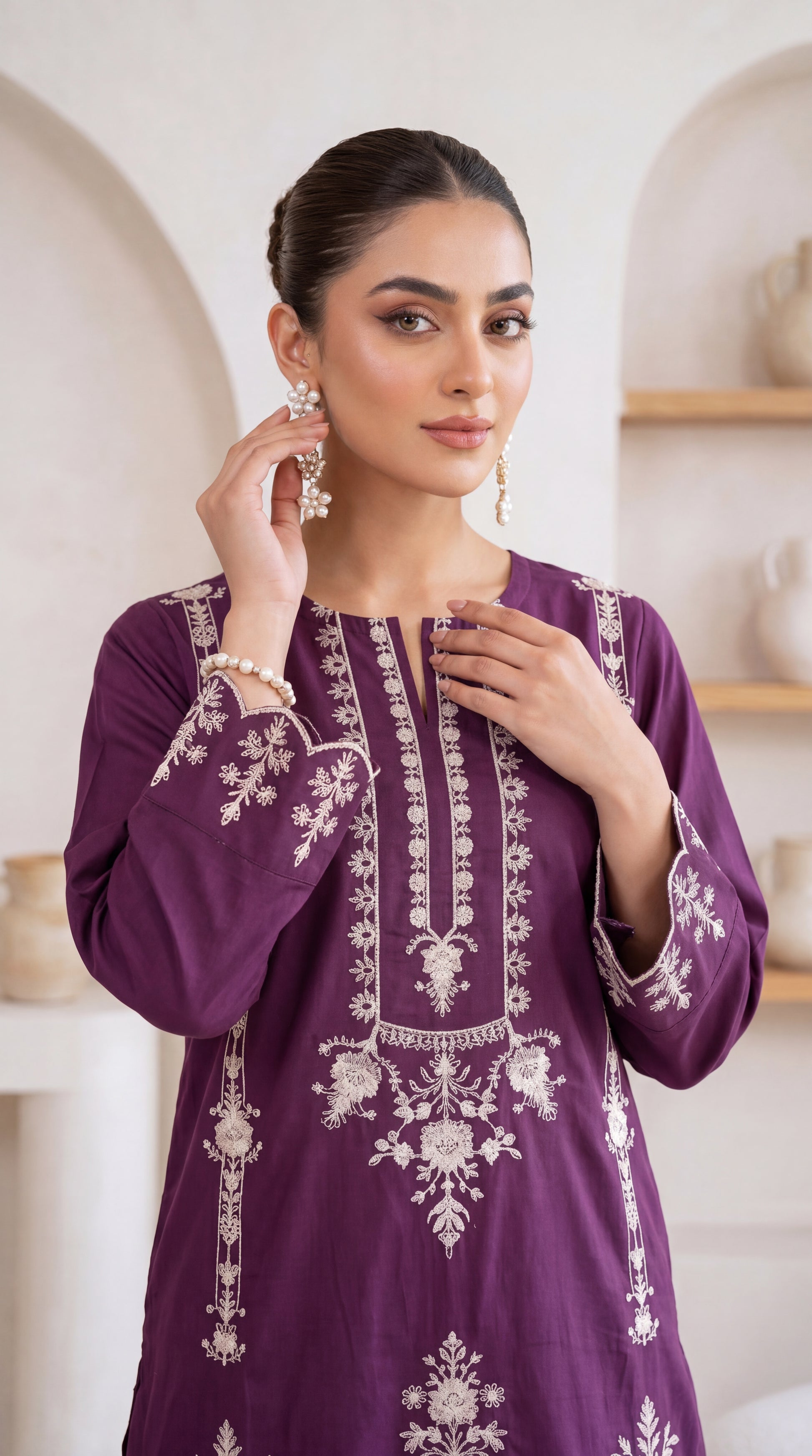 Ladies Embroidered Cotton Suit PL00947 Floral Threadwork 2 Piece PURPLE / SML