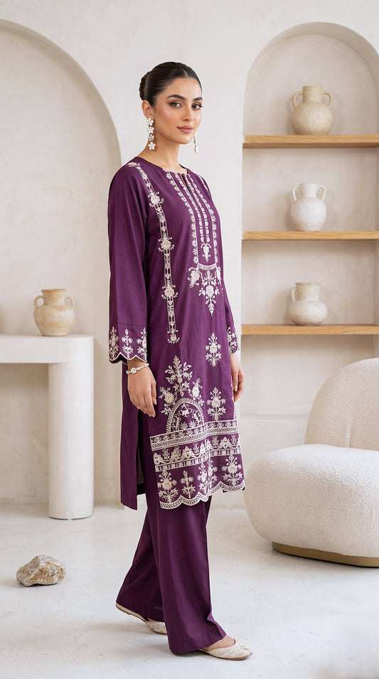 Ladies Embroidered Cotton Suit PL00947 Floral Threadwork 2 Piece PURPLE / SML