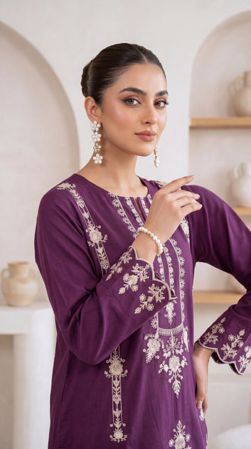 Ladies Embroidered Cotton Suit PL00947 Floral Threadwork 2 Piece PURPLE / SML