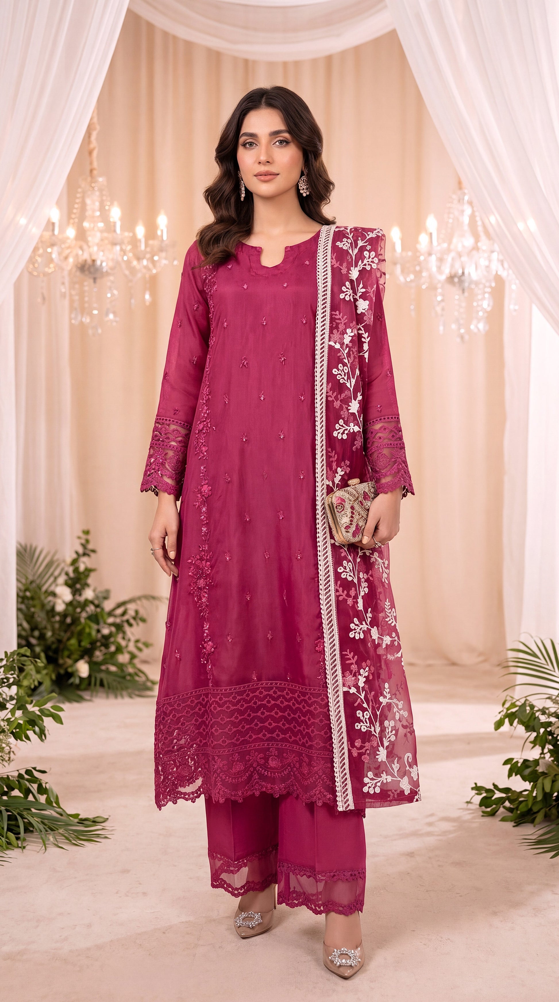 Women's Luxury Suit  PL00951  Floral Embellished Dupatta Set 3 Piece PURPLE / SML