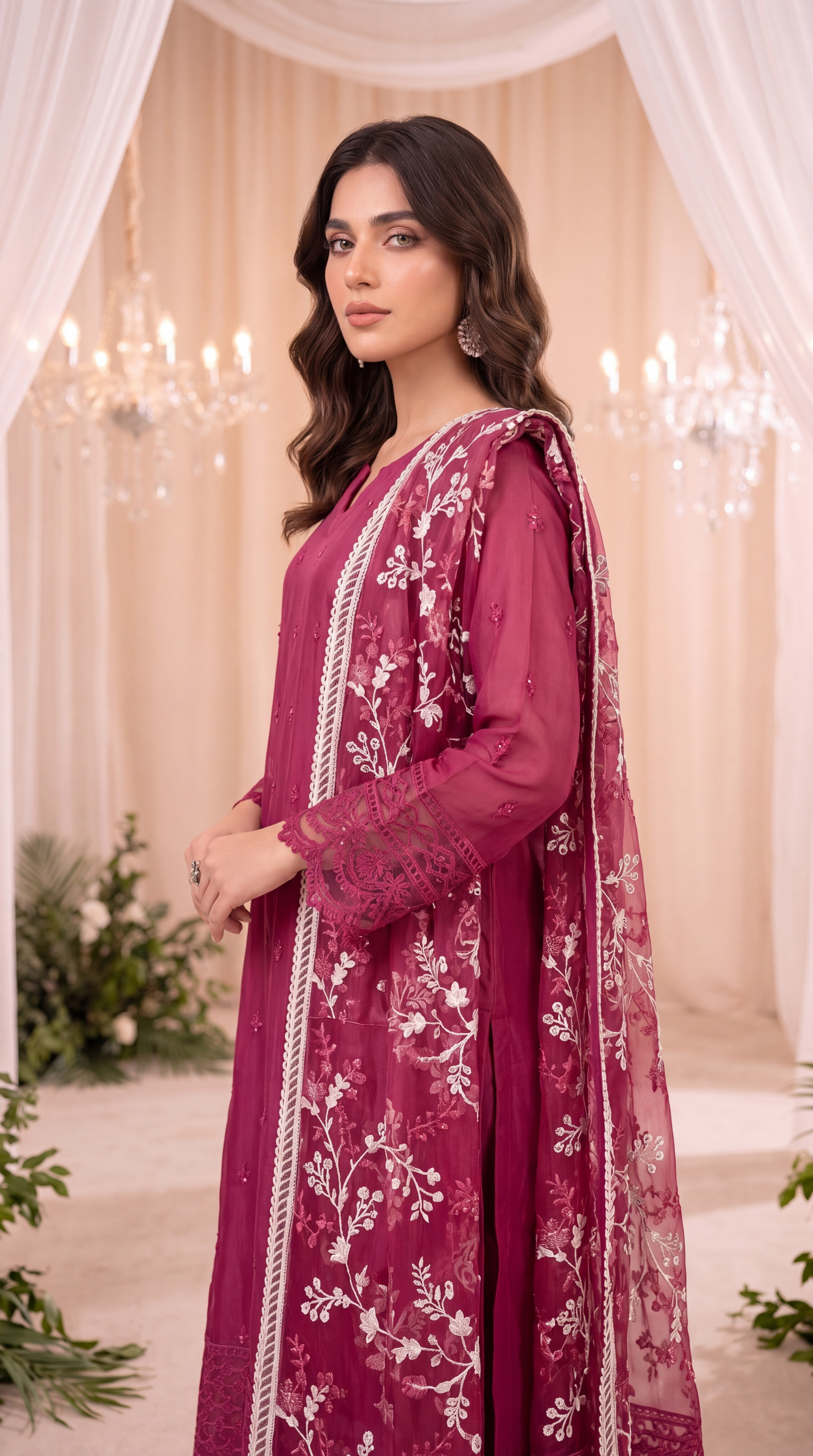 Women's Luxury Suit  PL00951  Floral Embellished Dupatta Set 3 Piece PURPLE / SML