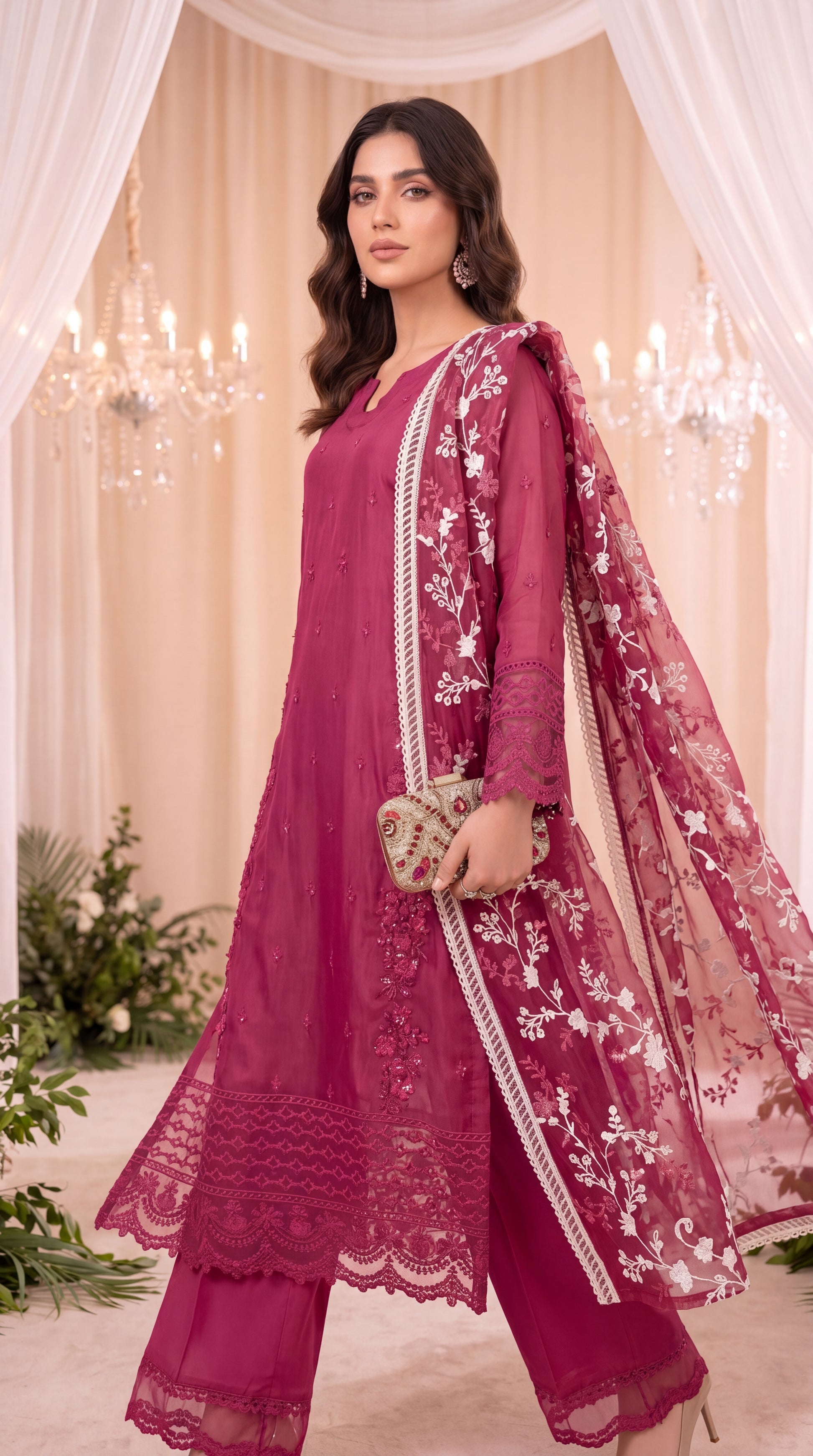 Women's Luxury Suit  PL00951  Floral Embellished Dupatta Set 3 Piece PURPLE / SML