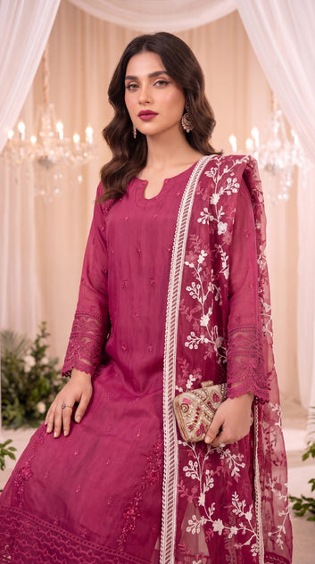 Women's Luxury Suit  PL00951  Floral Embellished Dupatta Set 3 Piece PURPLE / SML