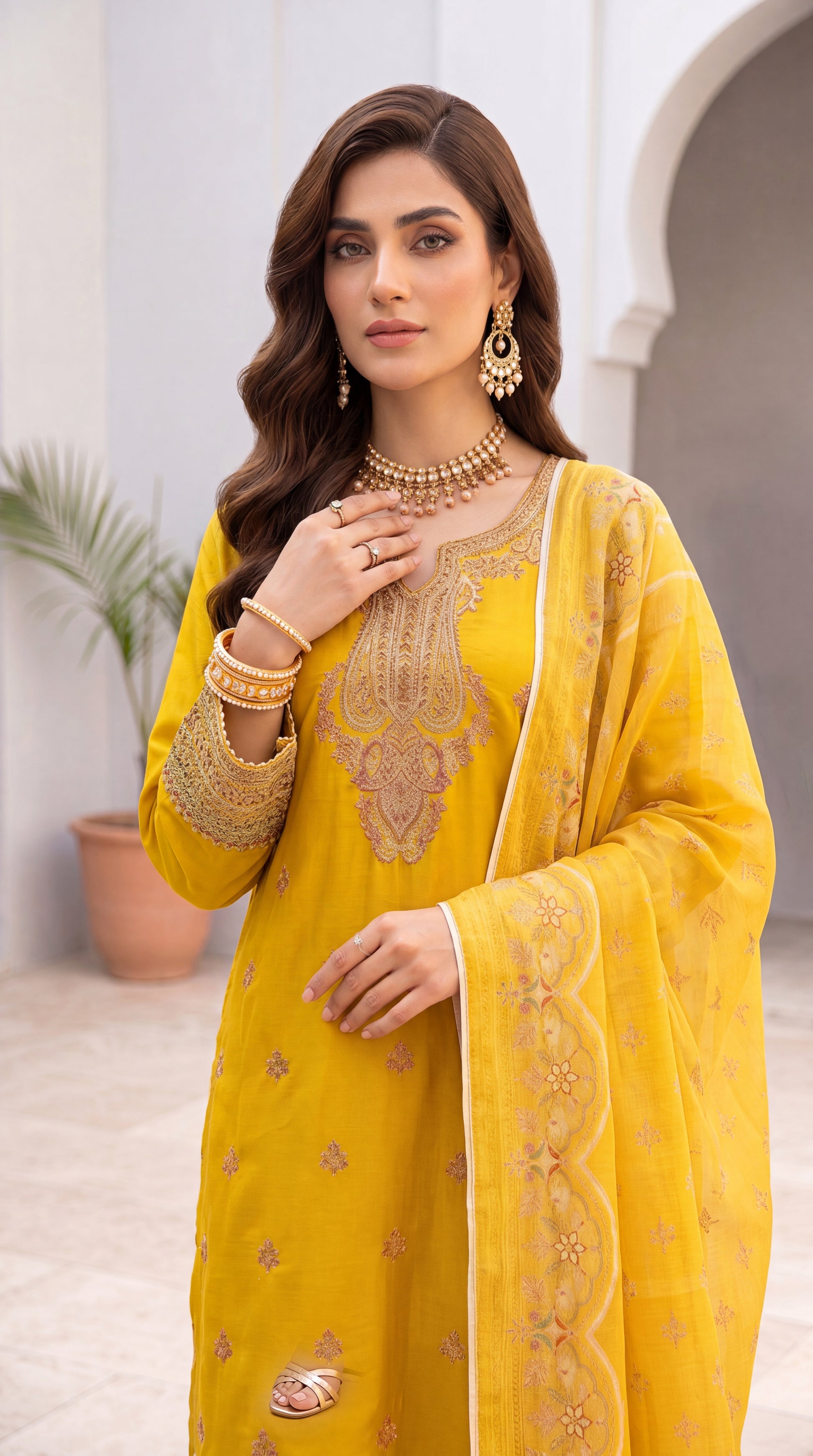 Women's Sunflower Yellow Suit PL00952 | Heavy Embroidery & Scallop Dupatta | 3 Piece | Organza Lawn MASTERD / SML