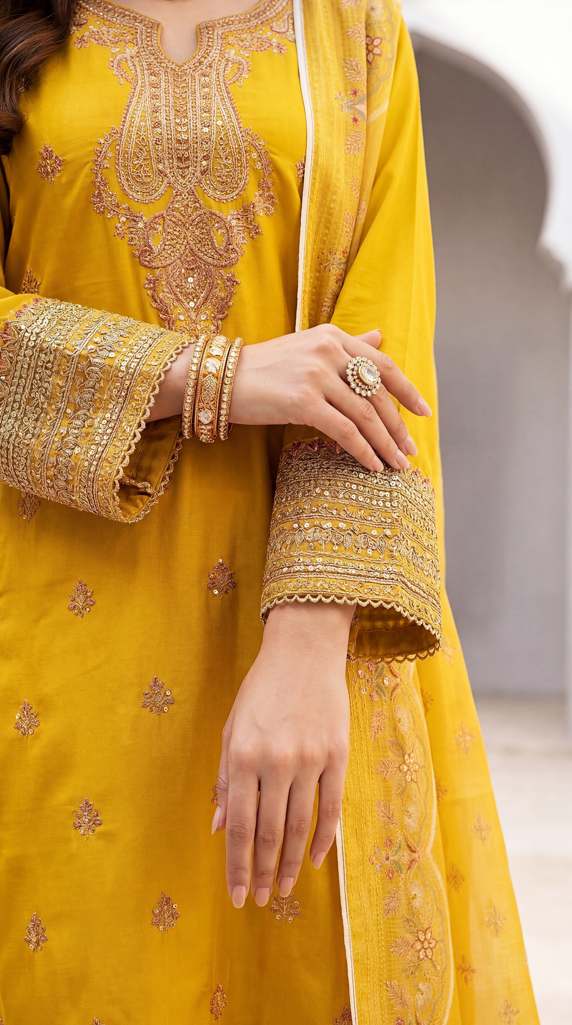 Women's Sunflower Yellow Suit PL00952 | Heavy Embroidery & Scallop Dupatta | 3 Piece | Organza Lawn MASTERD / SML