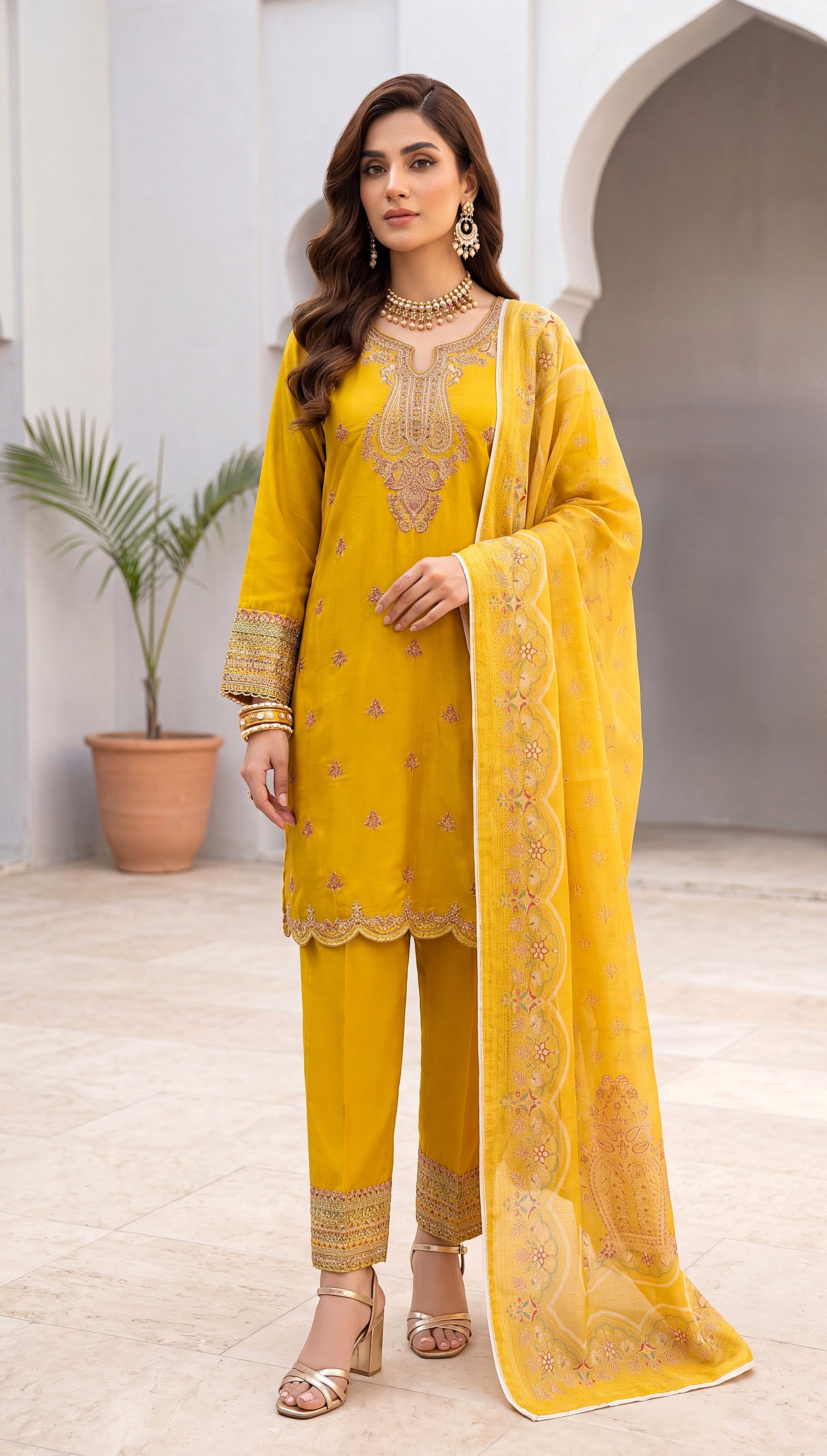 Women's Sunflower Yellow Suit PL00952 | Heavy Embroidery & Scallop Dupatta | 3 Piece | Organza Lawn MASTERD / SML