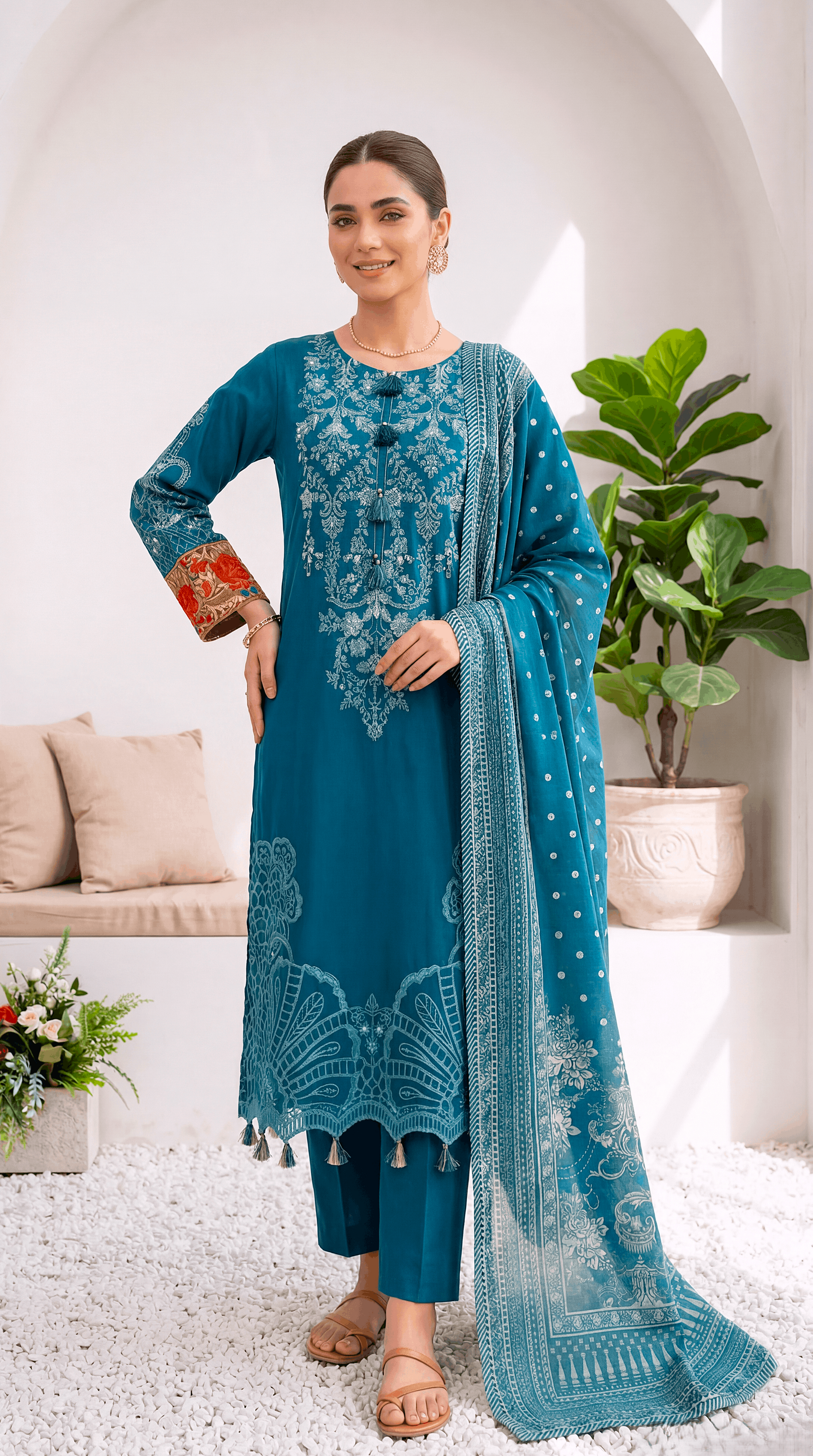Luxury Pret PL00955 Teal Cutwork Embroidered Dupatta 3 Piece ZINK / SML