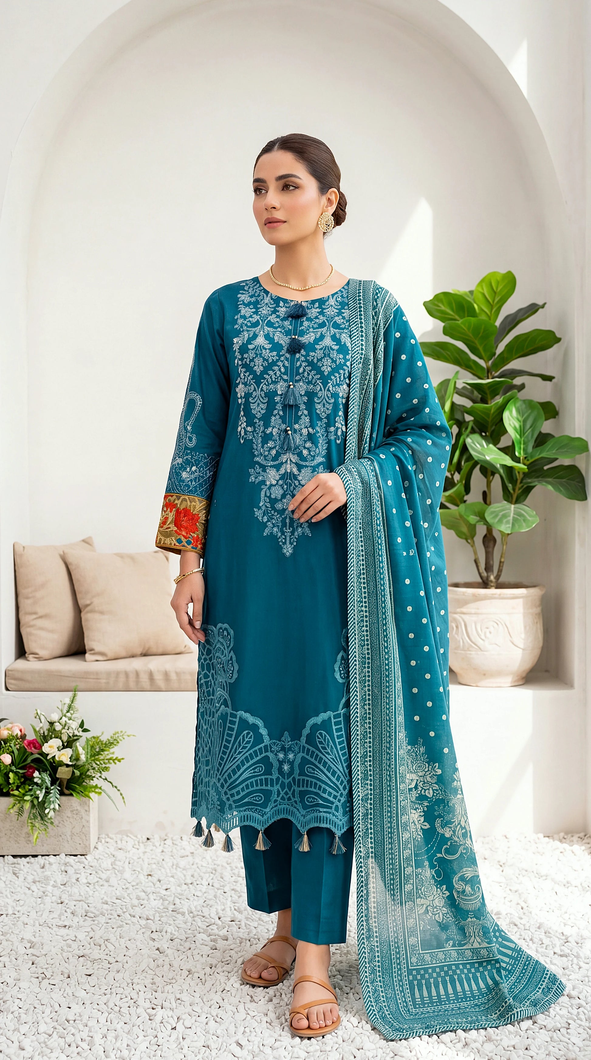 Luxury Pret PL00955 Teal Cutwork Embroidered Dupatta 3 Piece ZINK / SML
