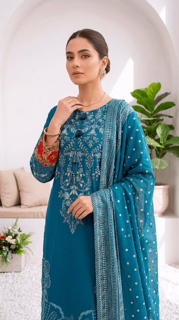 Luxury Pret PL00955 Teal Cutwork Embroidered Dupatta 3 Piece ZINK / SML