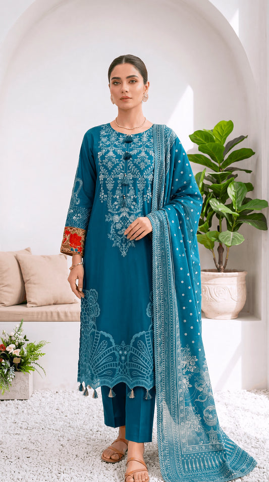 Luxury Pret PL00955 Teal Cutwork Embroidered Dupatta 3 Piece ZINK / SML