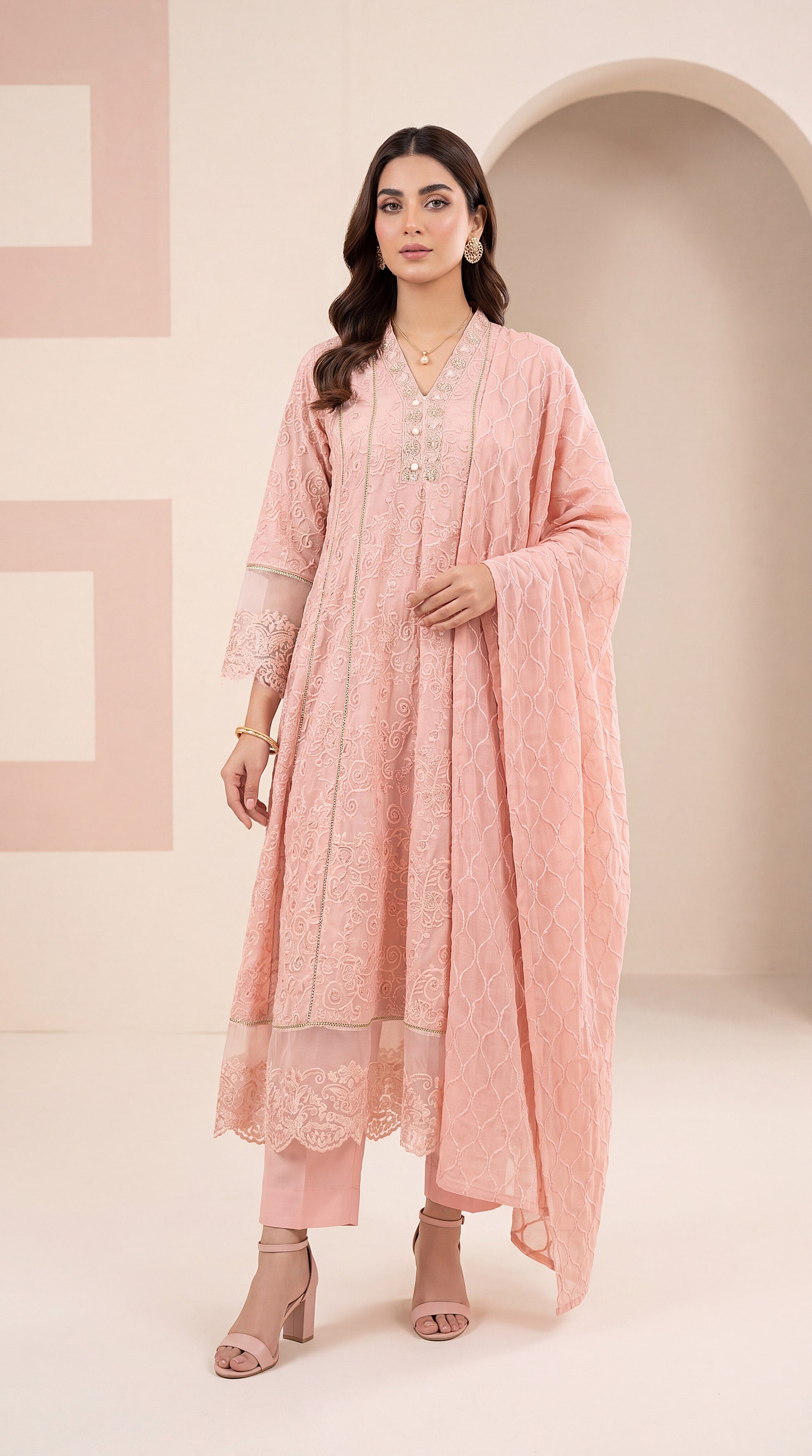 Deep Teal Floral Bunch Motifs & Wide Trouser Fit 3 Piece Women Suit - PL00956 PINK / SML