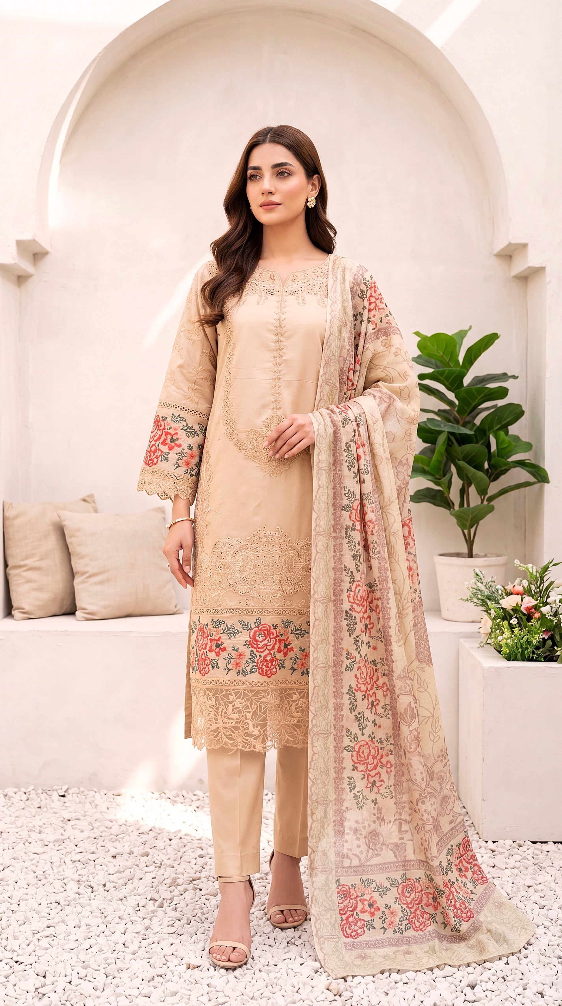 Women's Embroidered Suit PL00957 Skin Schiffli Floral Dupatta 3 Piece PEACH / SML
