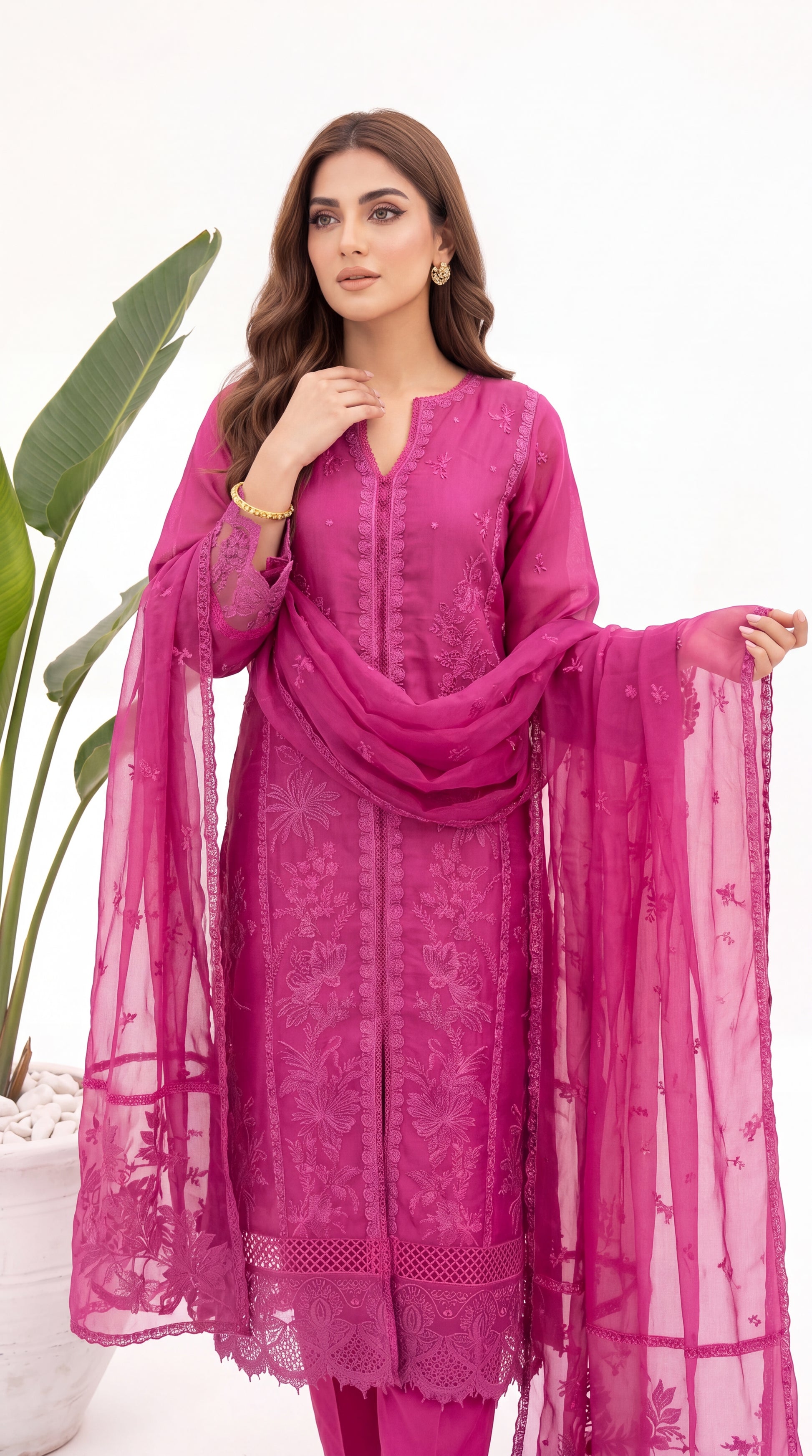 Women's Embroidered Suit PL00958 Botanical Embroidery Dupatta Set 3 Piece PURPLE / SML
