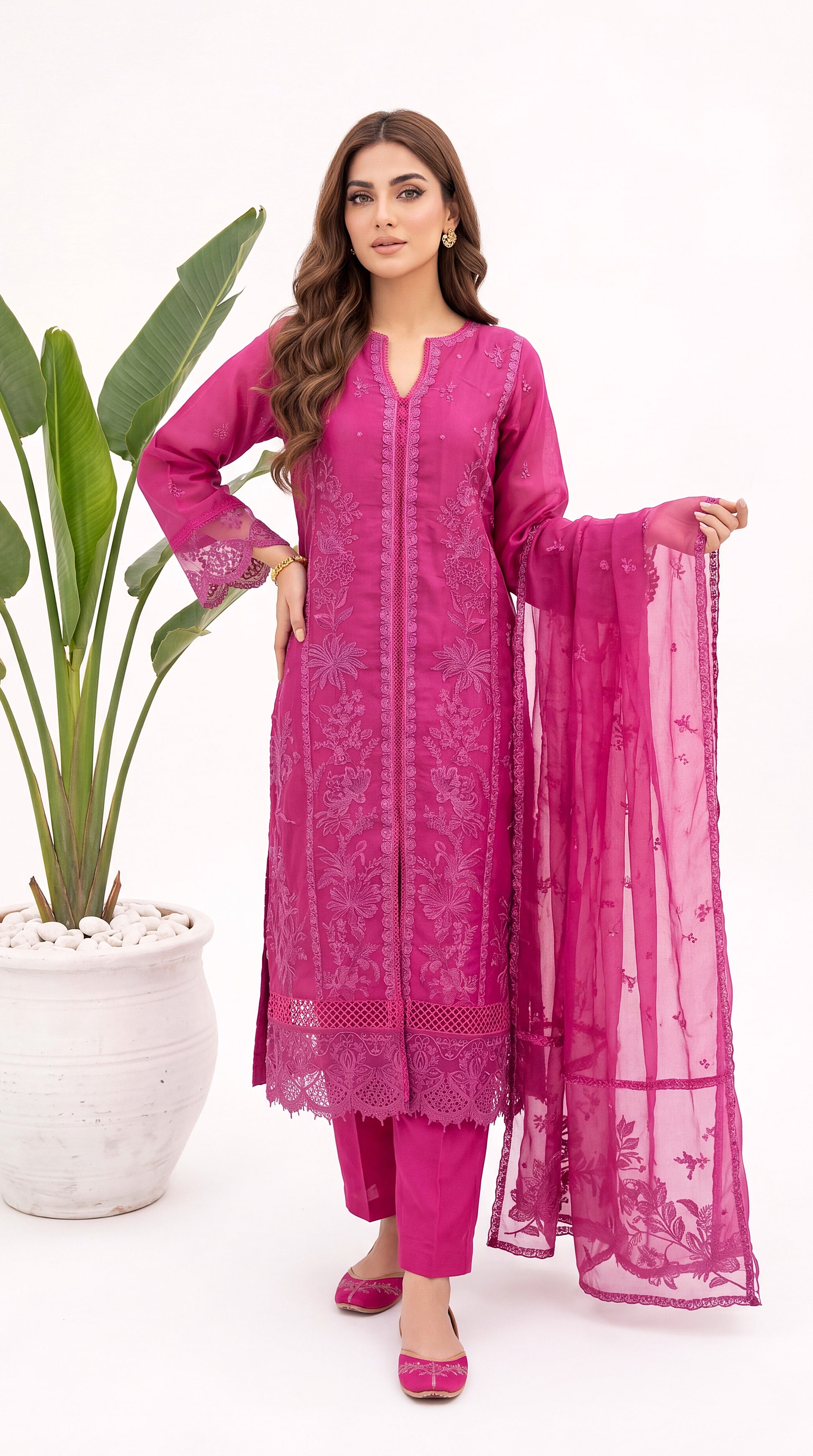 Women's Embroidered Suit PL00958 Botanical Embroidery Dupatta Set 3 Piece PURPLE / SML