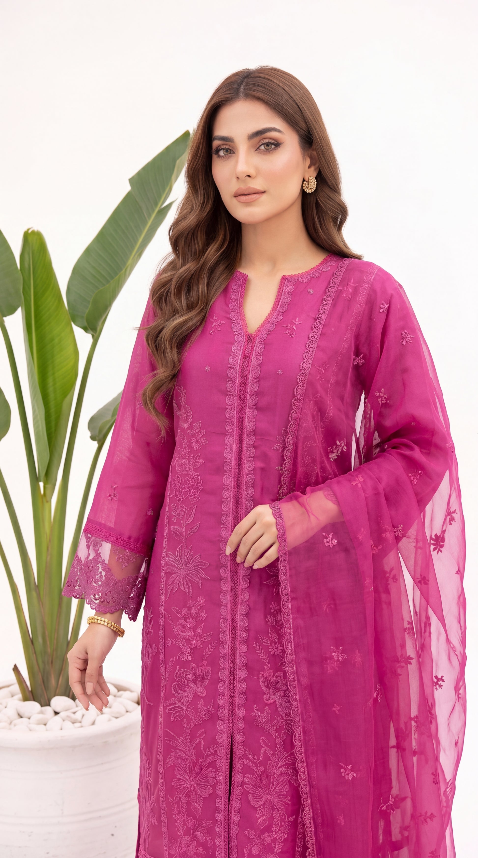 Women's Embroidered Suit PL00958 Botanical Embroidery Dupatta Set 3 Piece PURPLE / SML