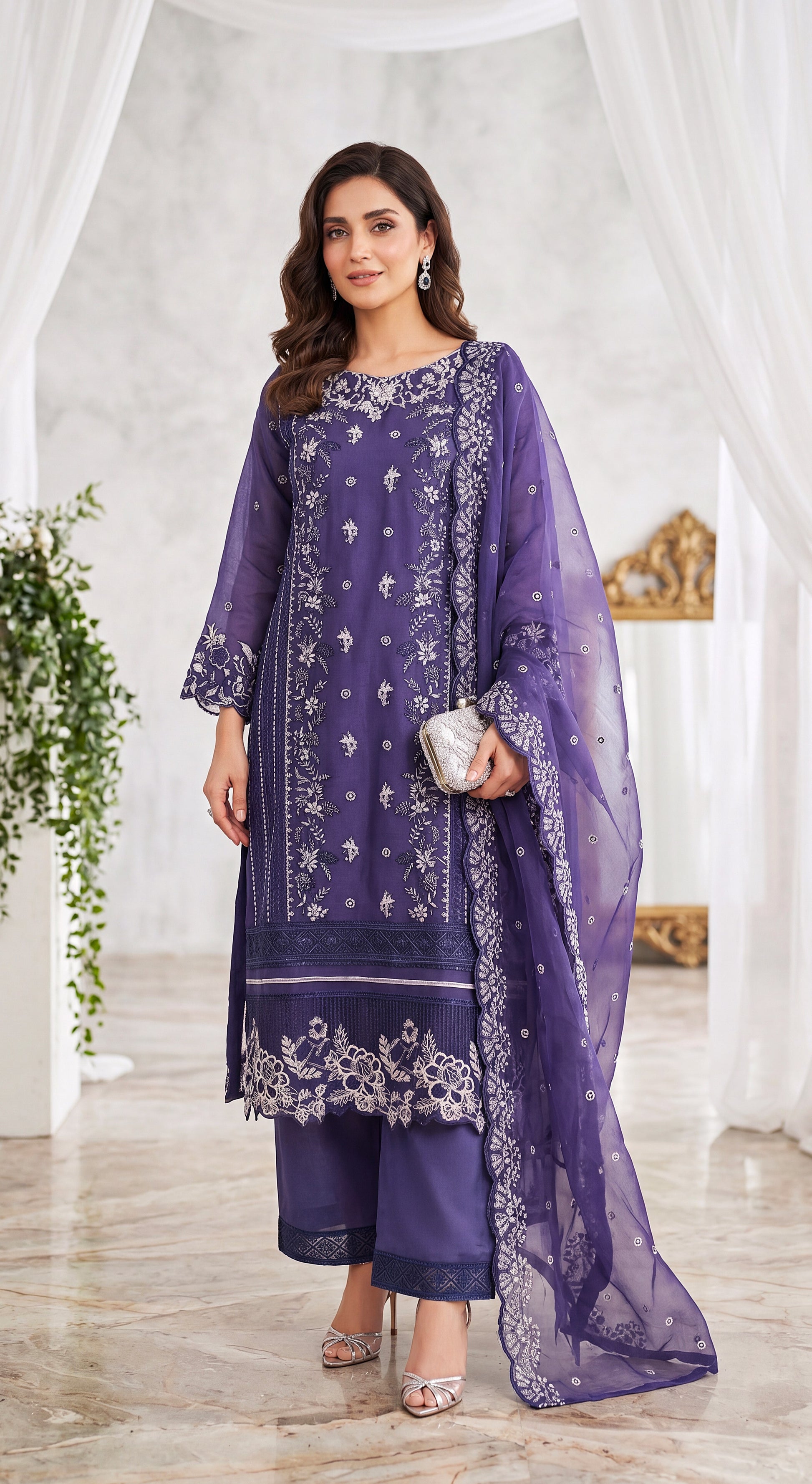 Women's Formal Suit PL00959 Silver Floral Embroidery Dupatta Set  3 Piece BLUE / SML