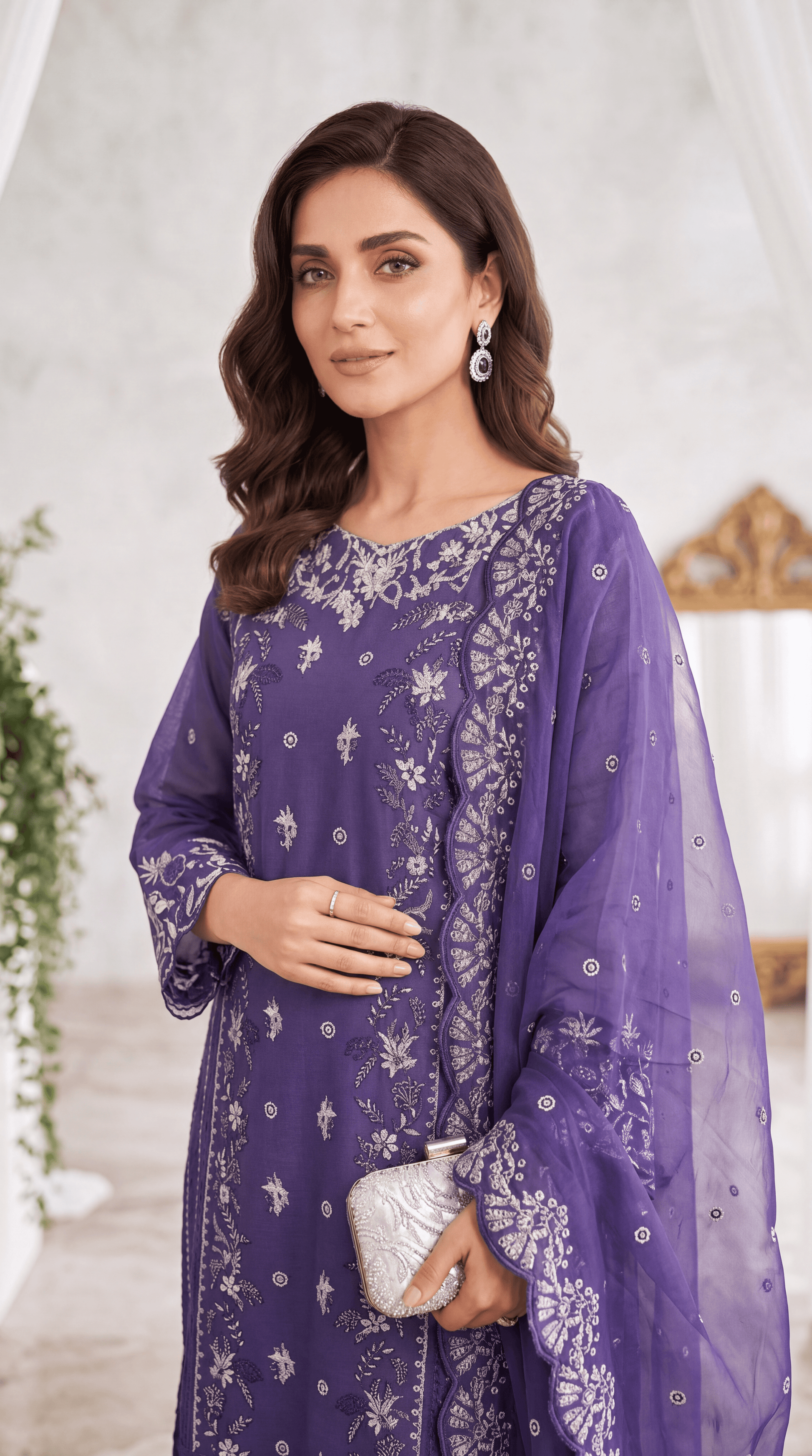Women's Formal Suit PL00959 Silver Floral Embroidery Dupatta Set  3 Piece BLUE / SML