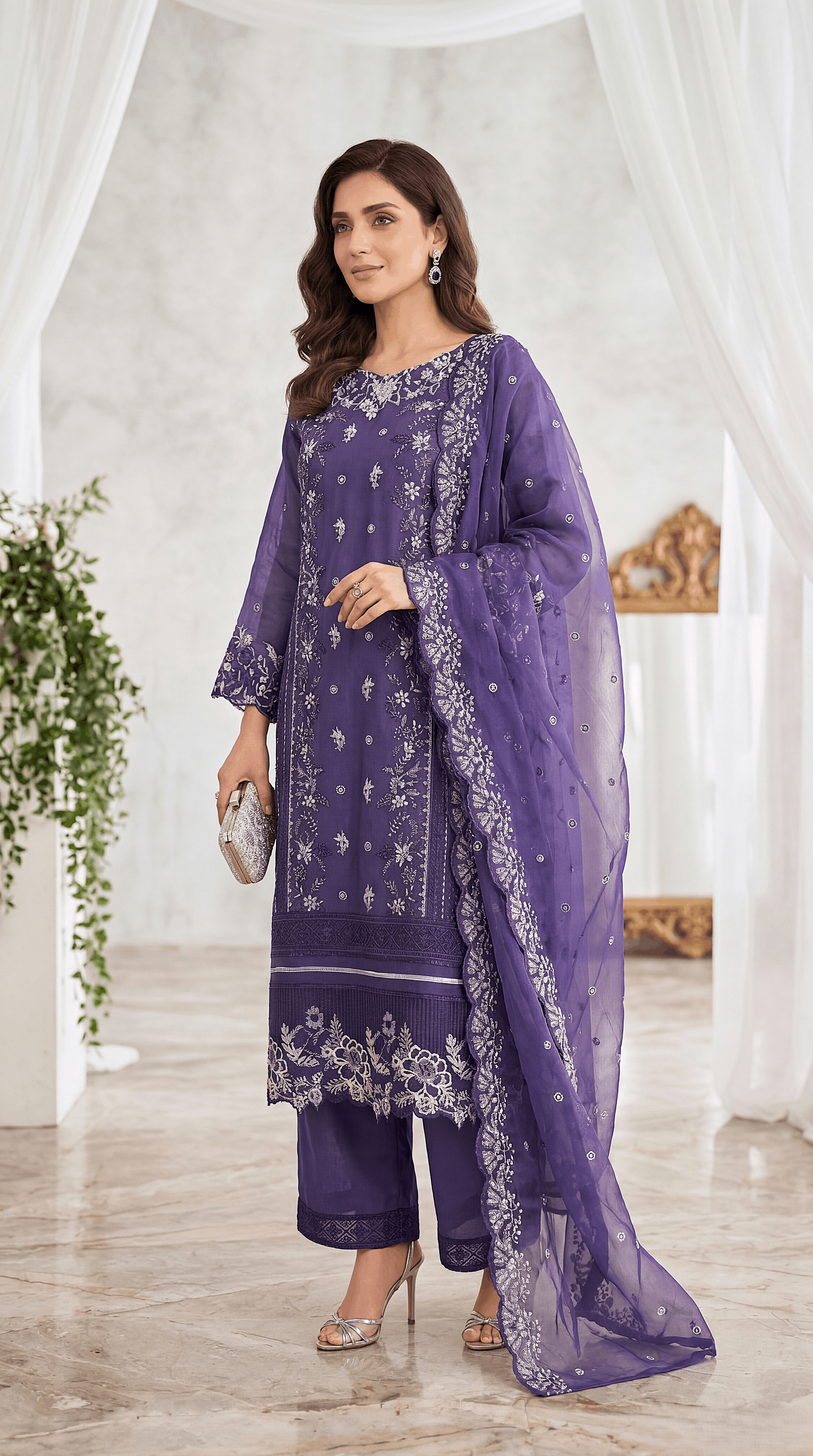 Women's Formal Suit PL00959 Silver Floral Embroidery Dupatta Set  3 Piece BLUE / SML