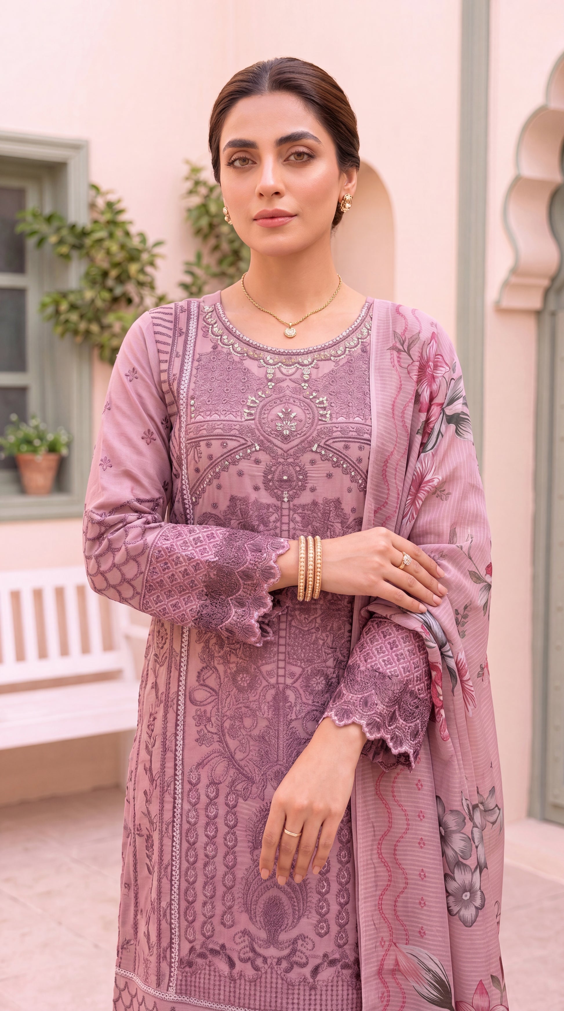 Women's Pearl Mauve Printed Suit PL00960 | Ornamental Print & Floral Dupatta | 3 Piece | Cambric PURPLE / SML