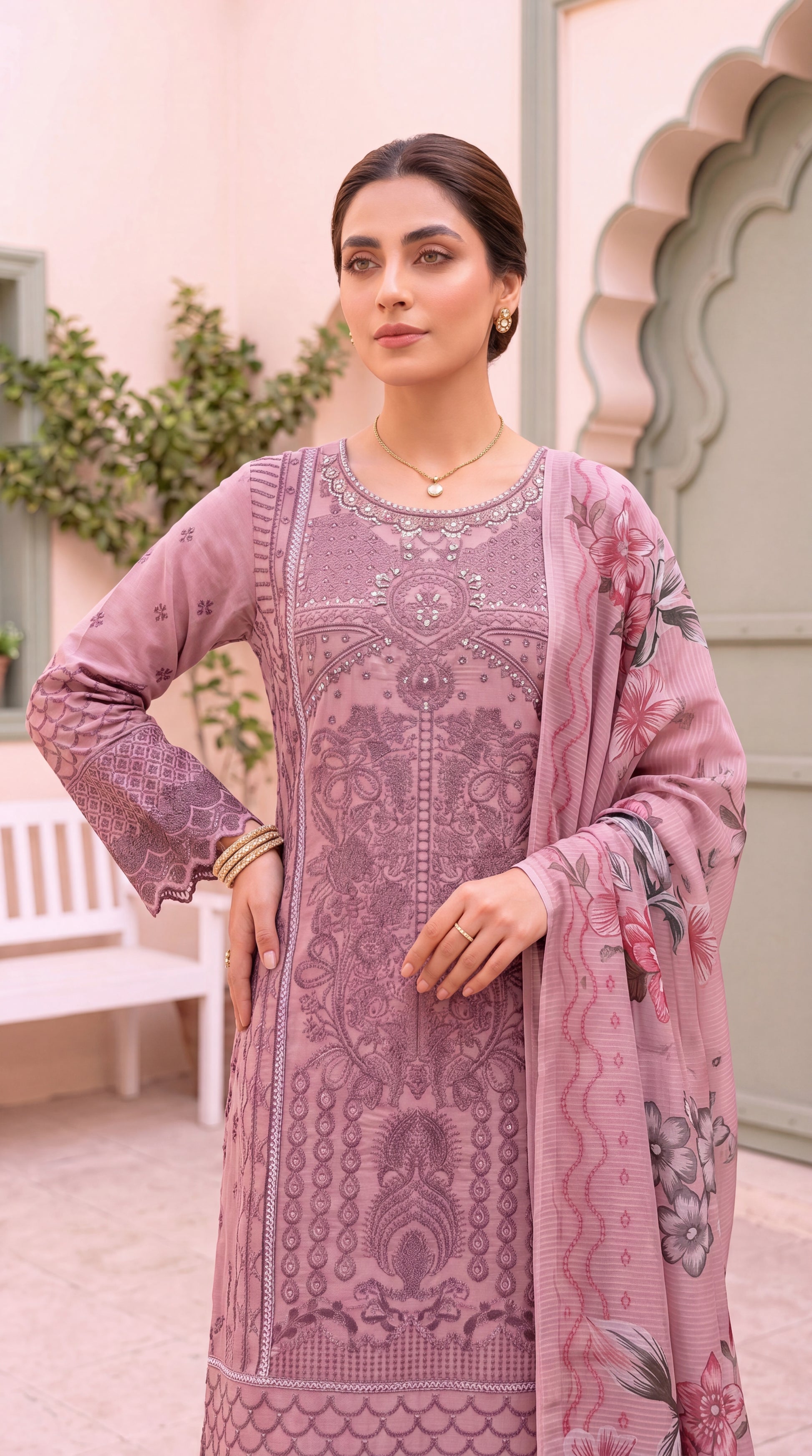 Women's Pearl Mauve Printed Suit PL00960 | Ornamental Print & Floral Dupatta | 3 Piece | Cambric PURPLE / SML
