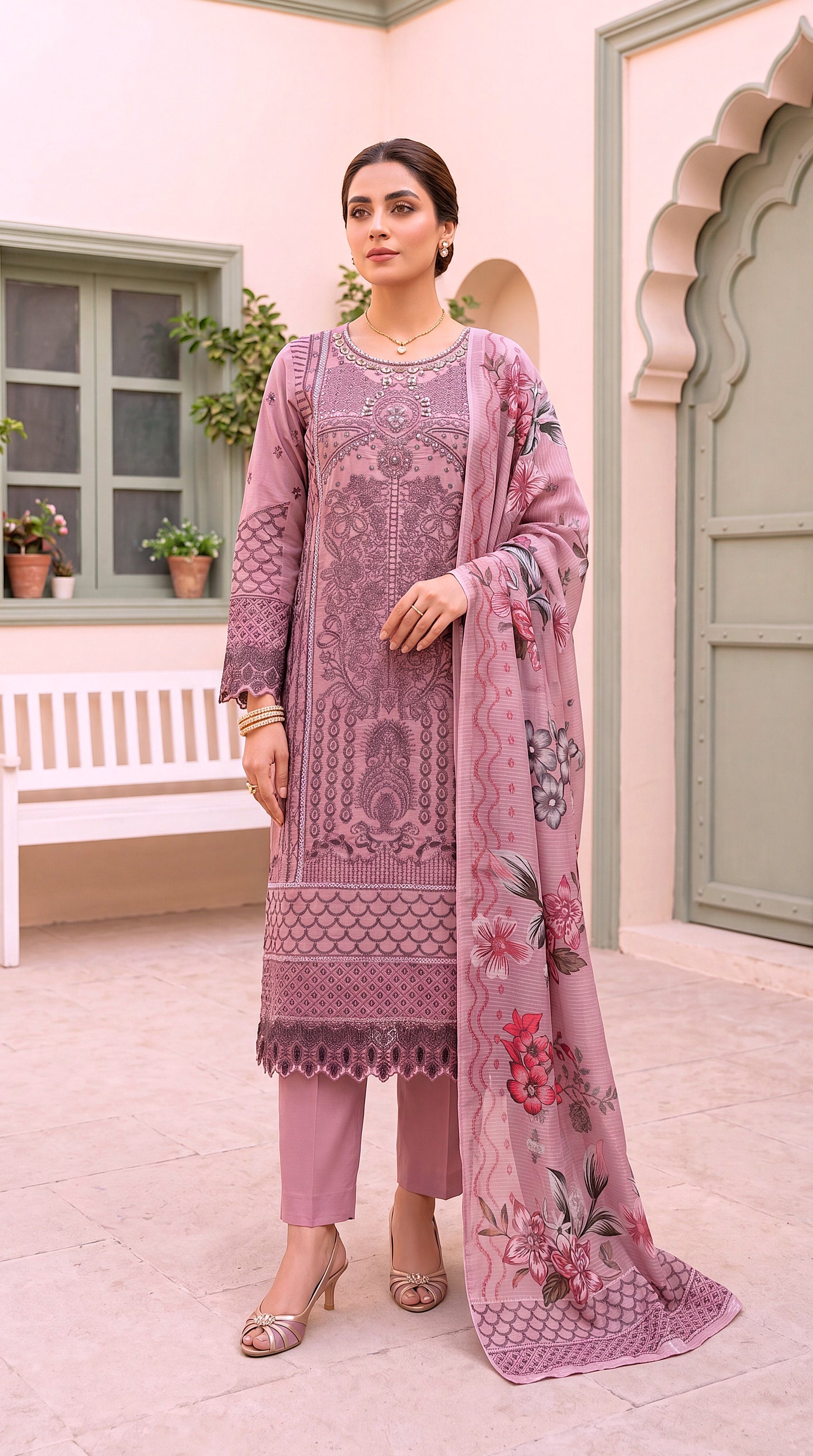 Women's Pearl Mauve Printed Suit PL00960 | Ornamental Print & Floral Dupatta | 3 Piece | Cambric PURPLE / SML