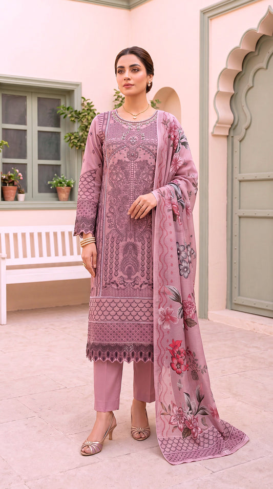 Women's Pearl Mauve Printed Suit PL00960 | Ornamental Print & Floral Dupatta | 3 Piece | Cambric PURPLE / SML