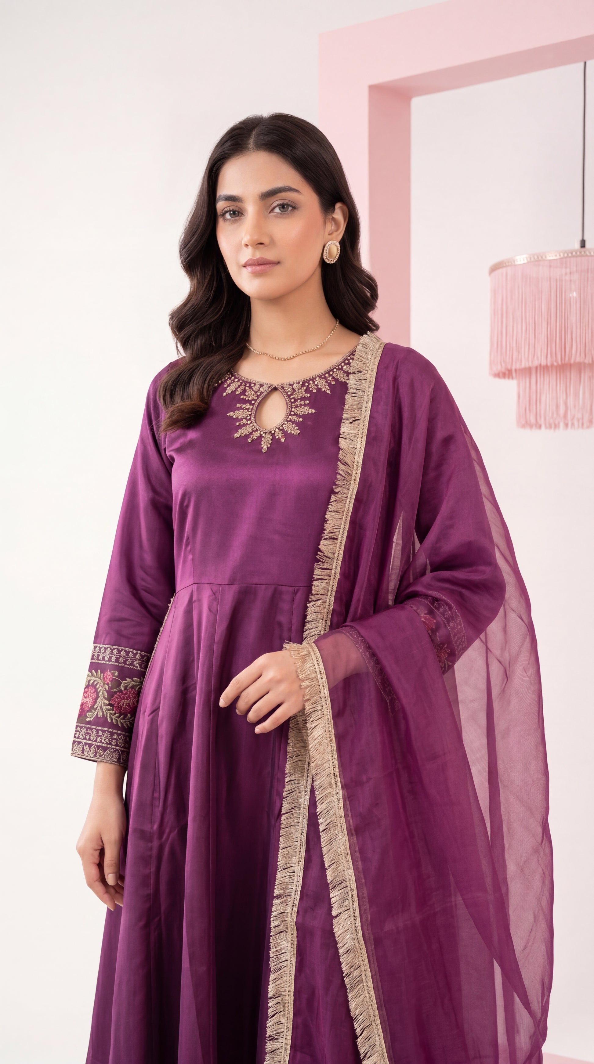 Women's Flared Dress Set PL00961 Embroidered Sleeve Detail 2 Piece PURPLE / SML