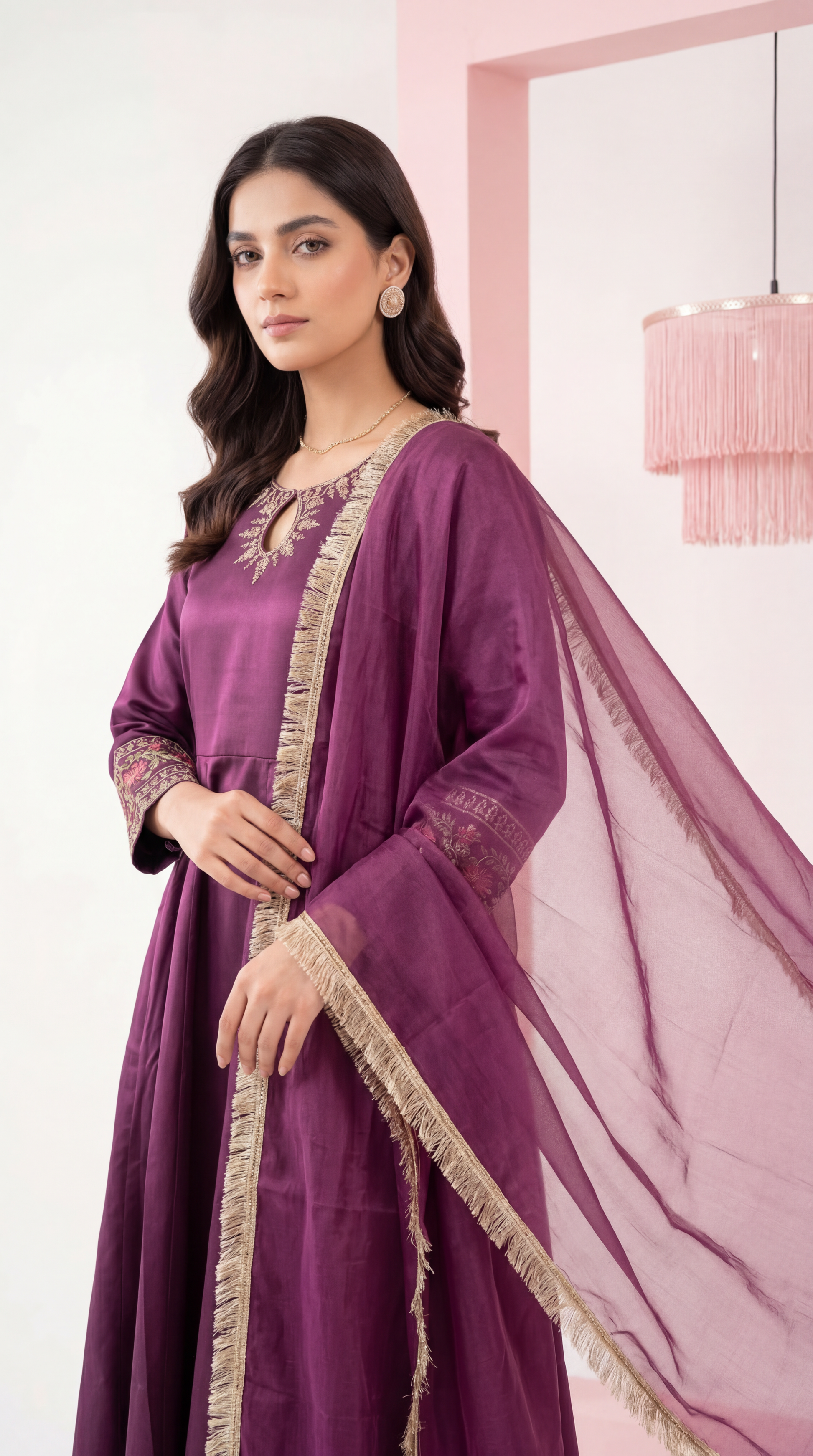Women's Flared Dress Set PL00961 Embroidered Sleeve Detail 2 Piece PURPLE / SML