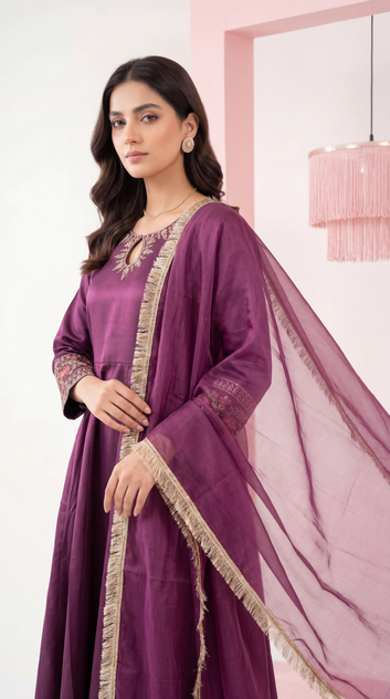 Women's Flared Dress Set PL00961 Embroidered Sleeve Detail 2 Piece PURPLE / SML