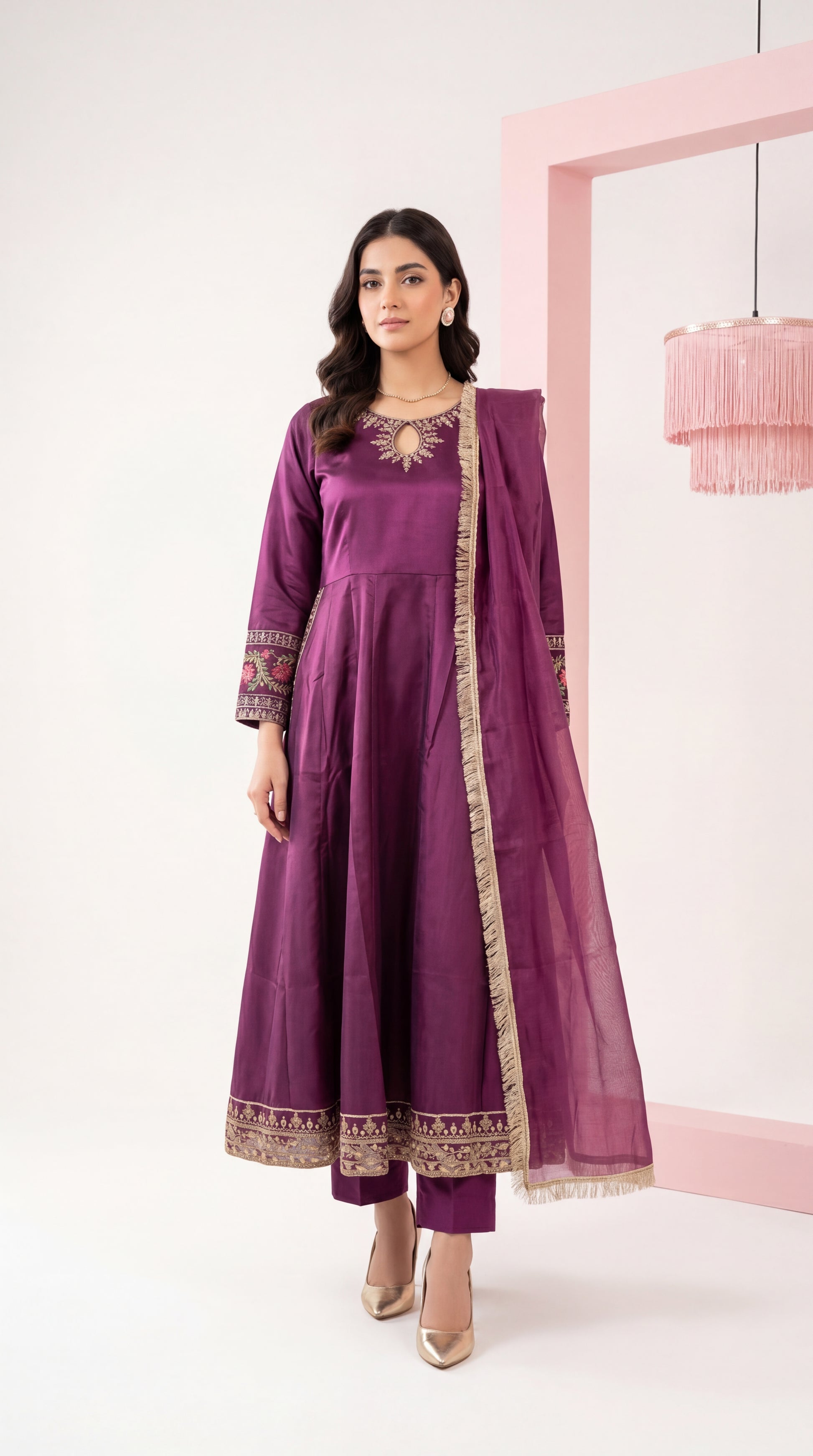 Women's Flared Dress Set PL00961 Embroidered Sleeve Detail 2 Piece PURPLE / SML