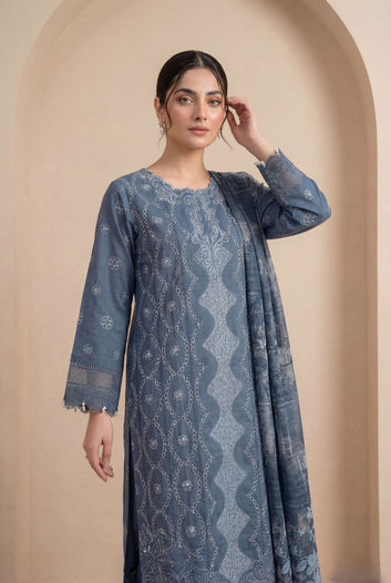 Ladies Suit PL00975 – Slate Blue Ethnic Embroidered 3 Piece Lawn