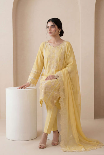 Ladies  Suit PL00976 – Pastel Yellow Ethnic Embroidered 3 Piece Lawn