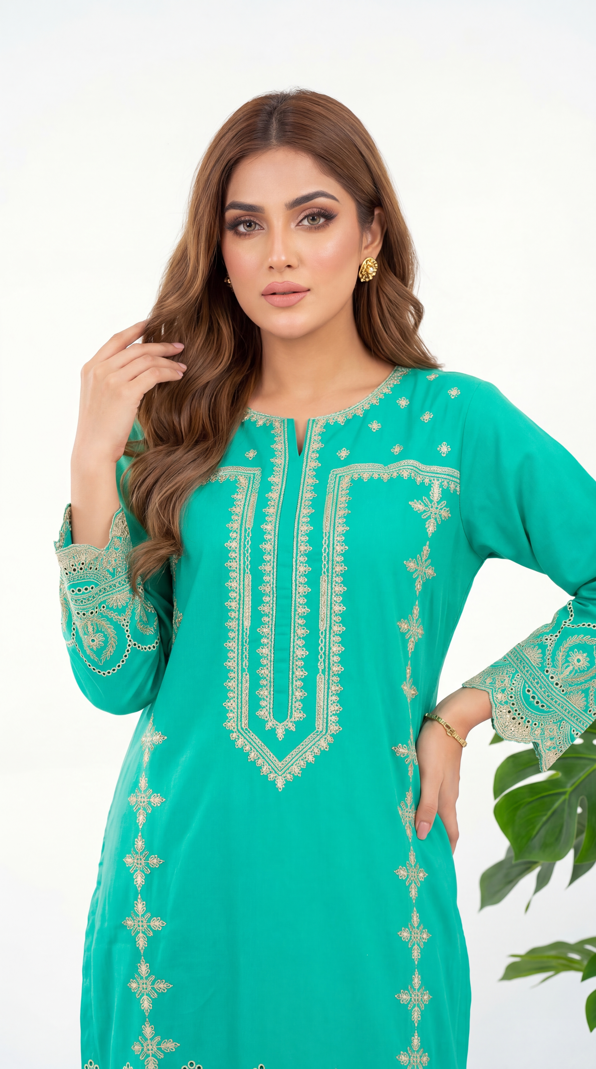 Women's Kurti Set PL00979 Embroidered Cutwork Design | 2 Piece GRN / SMALL