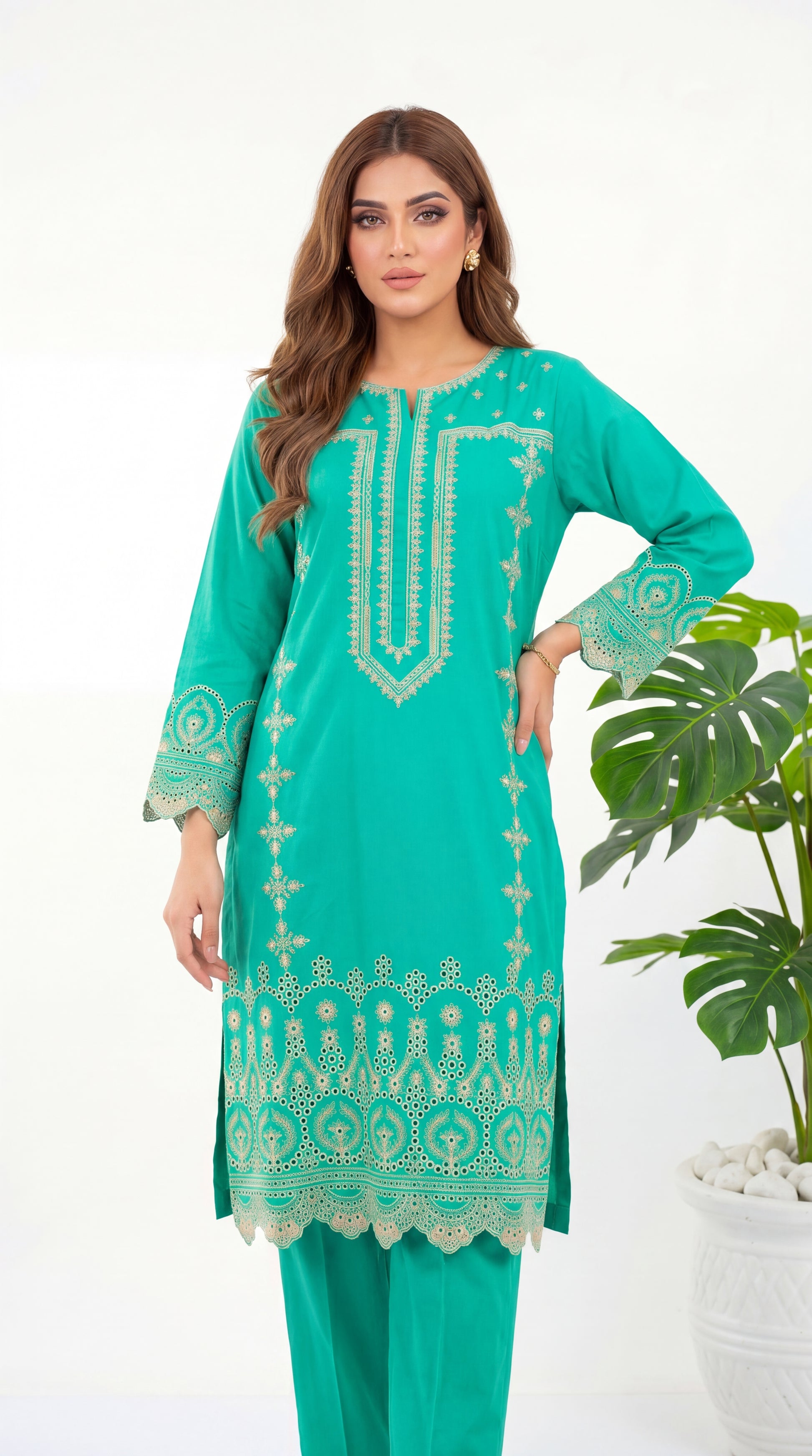 Women's Kurti Set PL00979 Embroidered Cutwork Design | 2 Piece GRN / SMALL