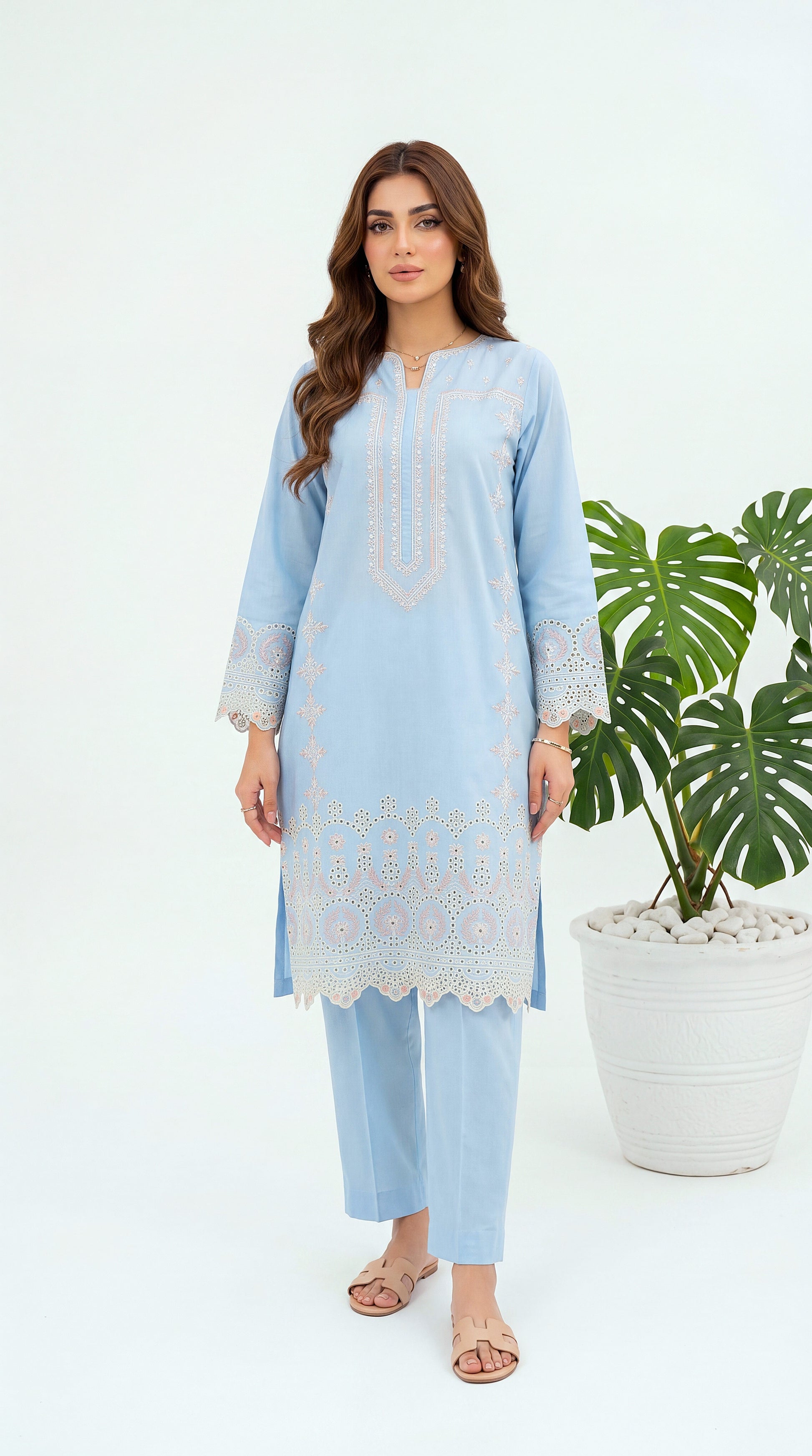 Women's Kurti Set PL00979 Embroidered Cutwork Design | 2 Piece SKB / SMALL