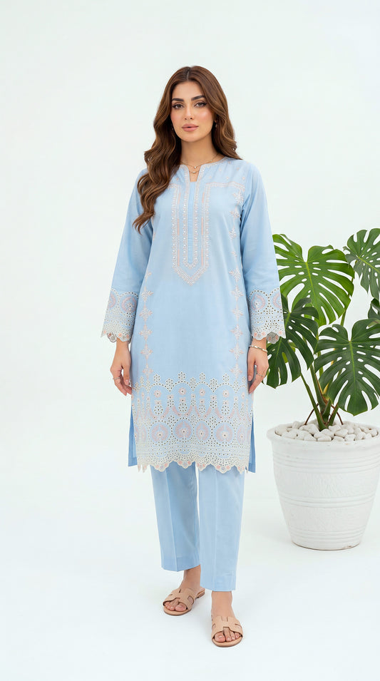 Women's Kurti Set PL00979 Embroidered Cutwork Design | 2 Piece SKB / SMALL
