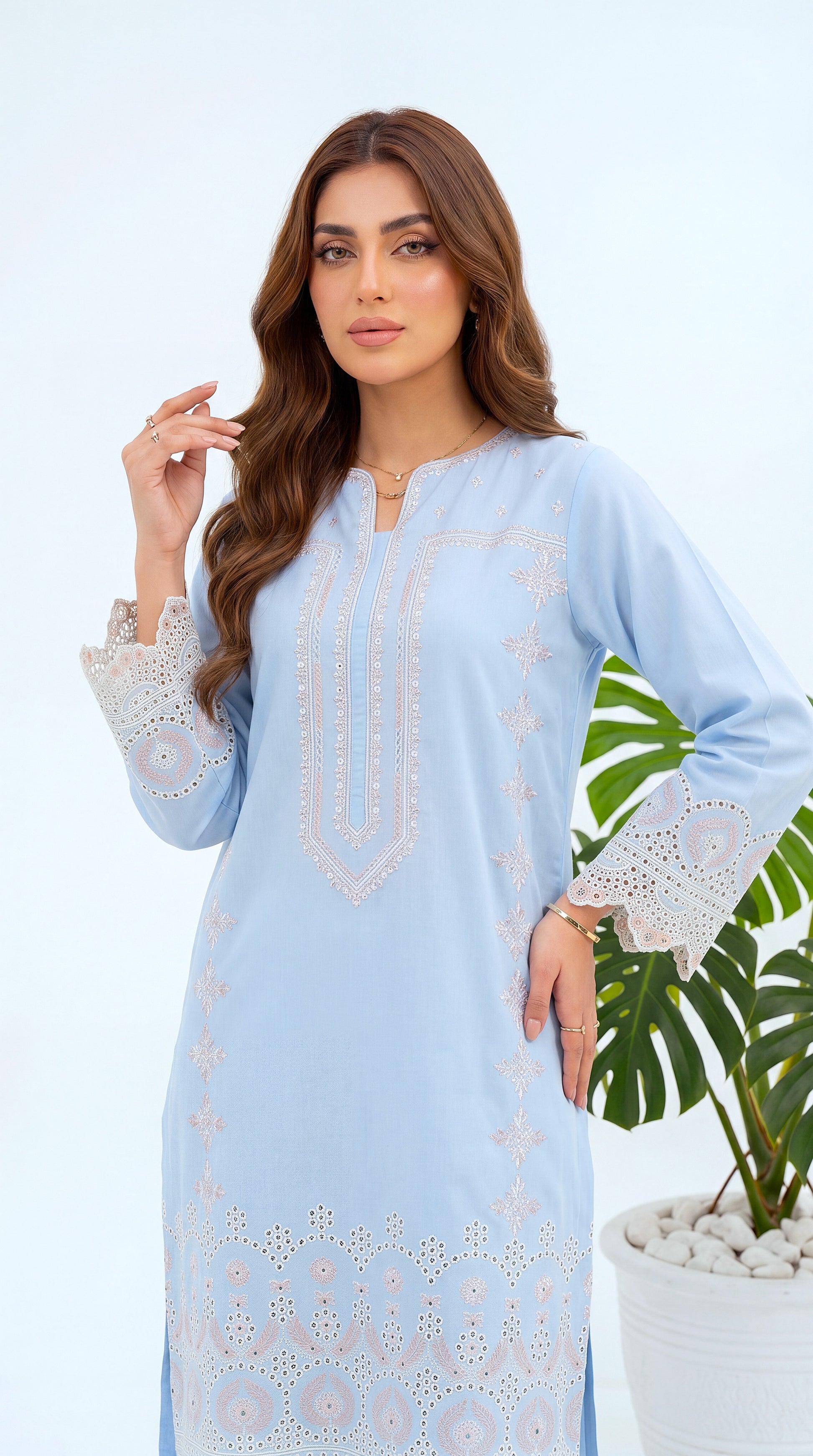 Women's Kurti Set PL00979 Embroidered Cutwork Design | 2 Piece SKB / SMALL