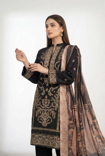 Ladies  Suit PL00980 – Black Ethnic Gold  3 Piece Lawn Embroidered