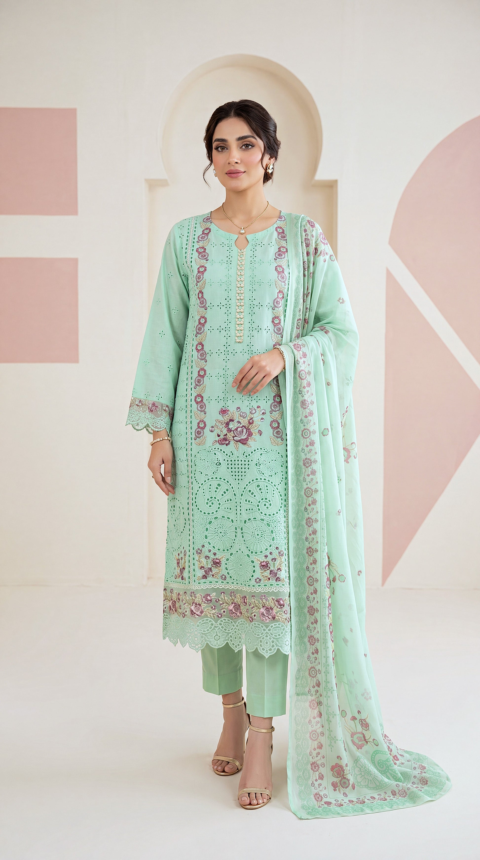 Rust Orange Emb Daman & Eid Collection 3 Piece Women Suit - PL00988 C GREEN / SML