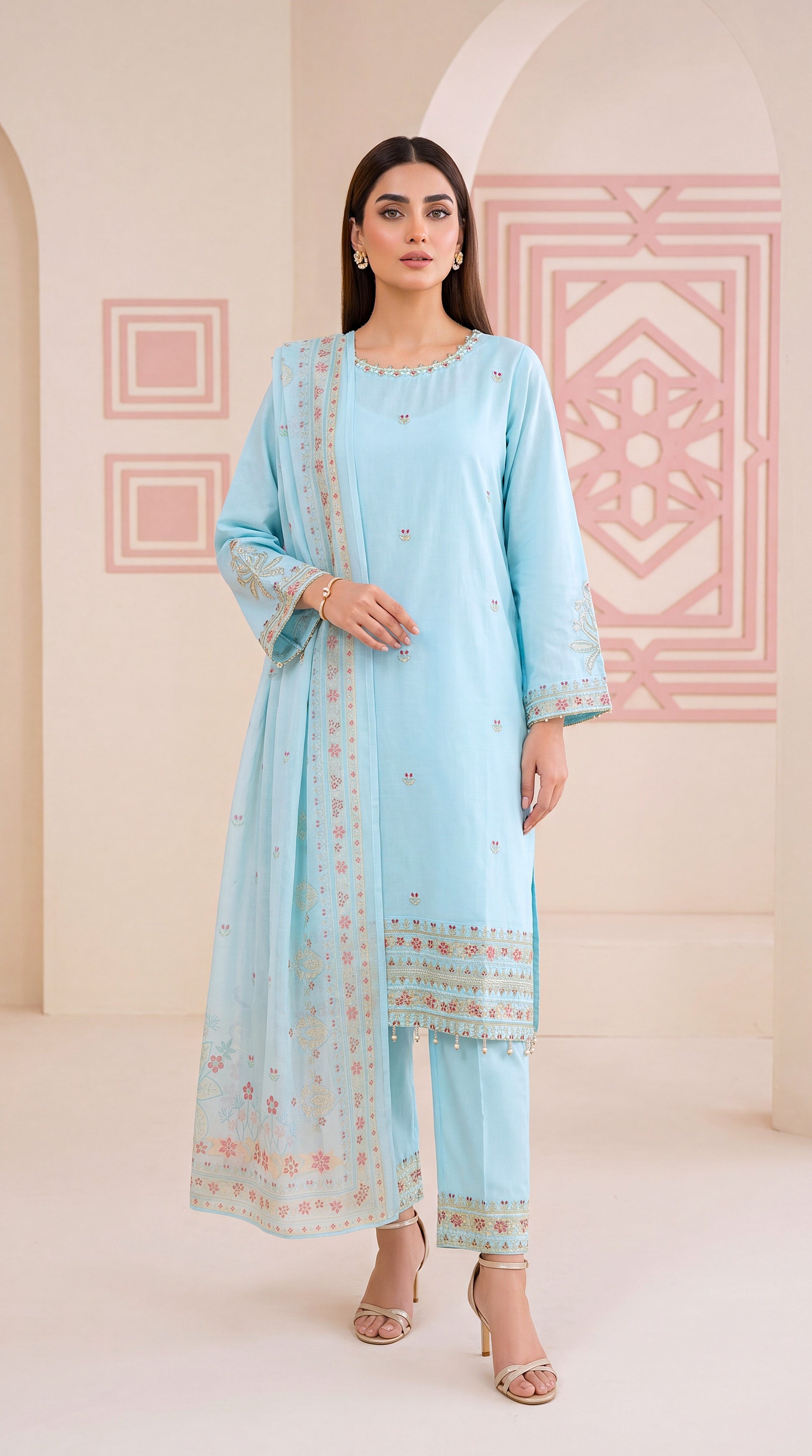 Ice Blue Lightweight Dupatta & Comfortable Stitching 3 Piece Women Suit - PL00991 FEROOZY / SML