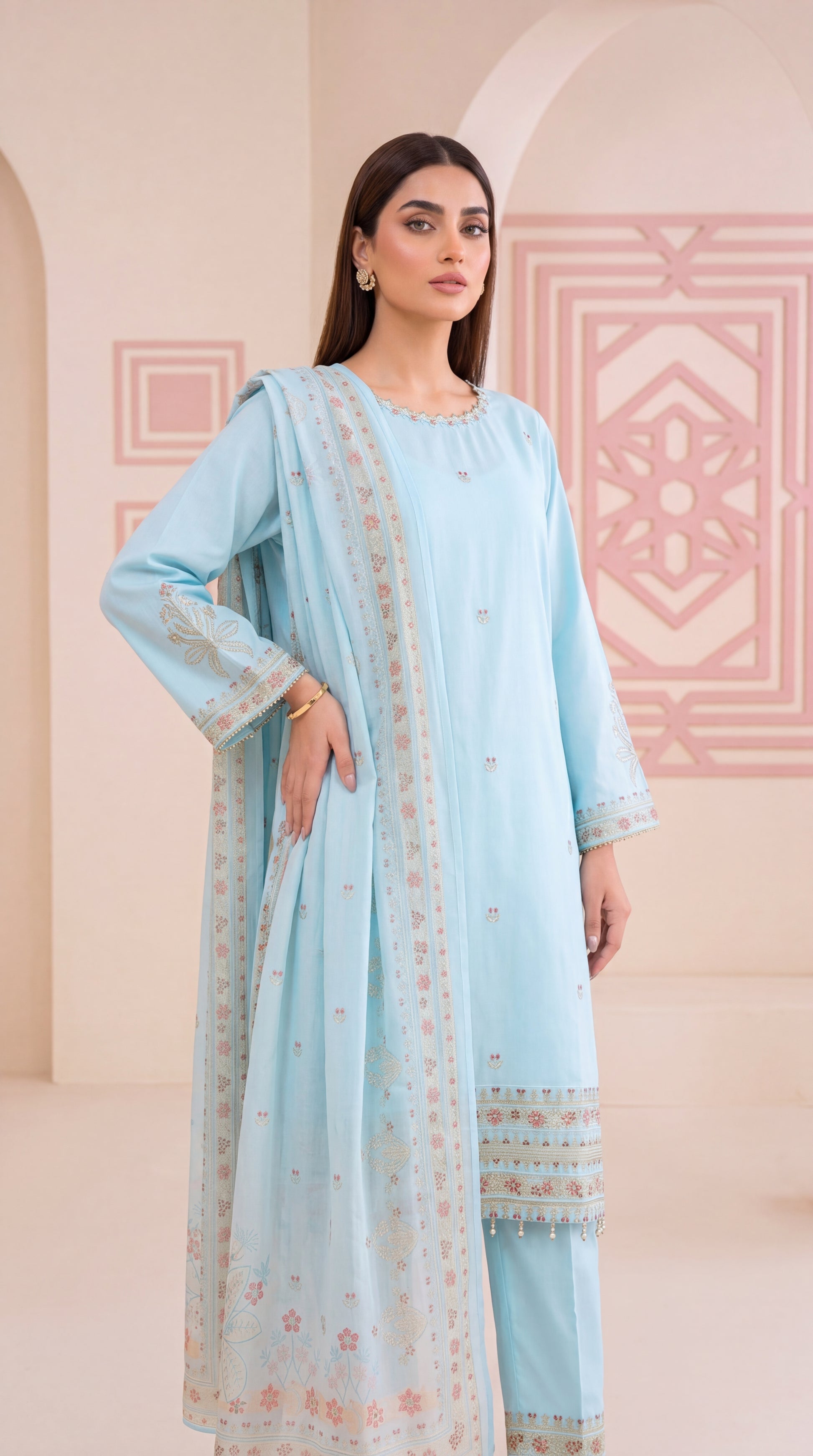 Ice Blue Lightweight Dupatta & Comfortable Stitching 3 Piece Women Suit - PL00991 FEROOZY / SML