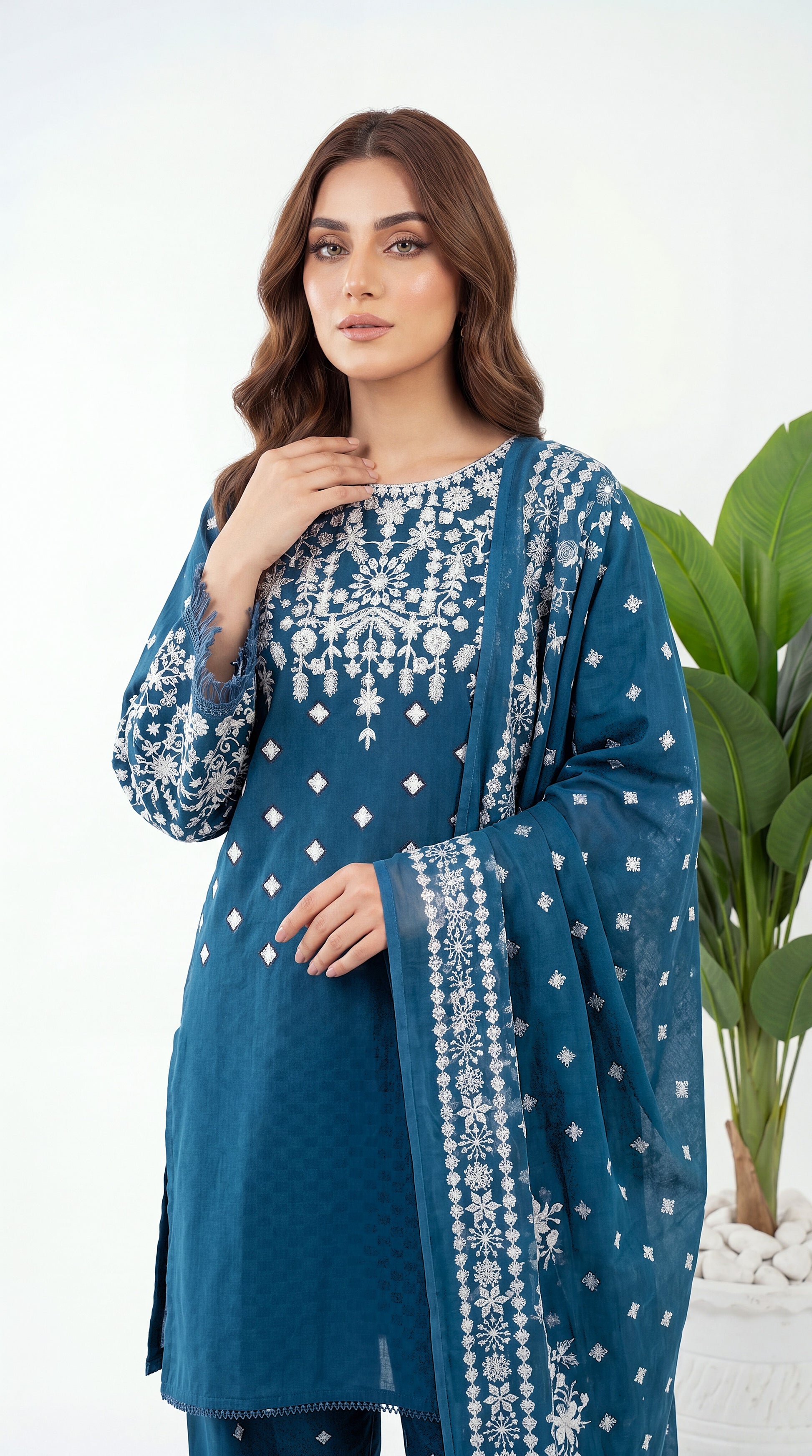 3PC Suit PL00992  Teal White Floral Embroidered Statement Sleeves ZINK / SML