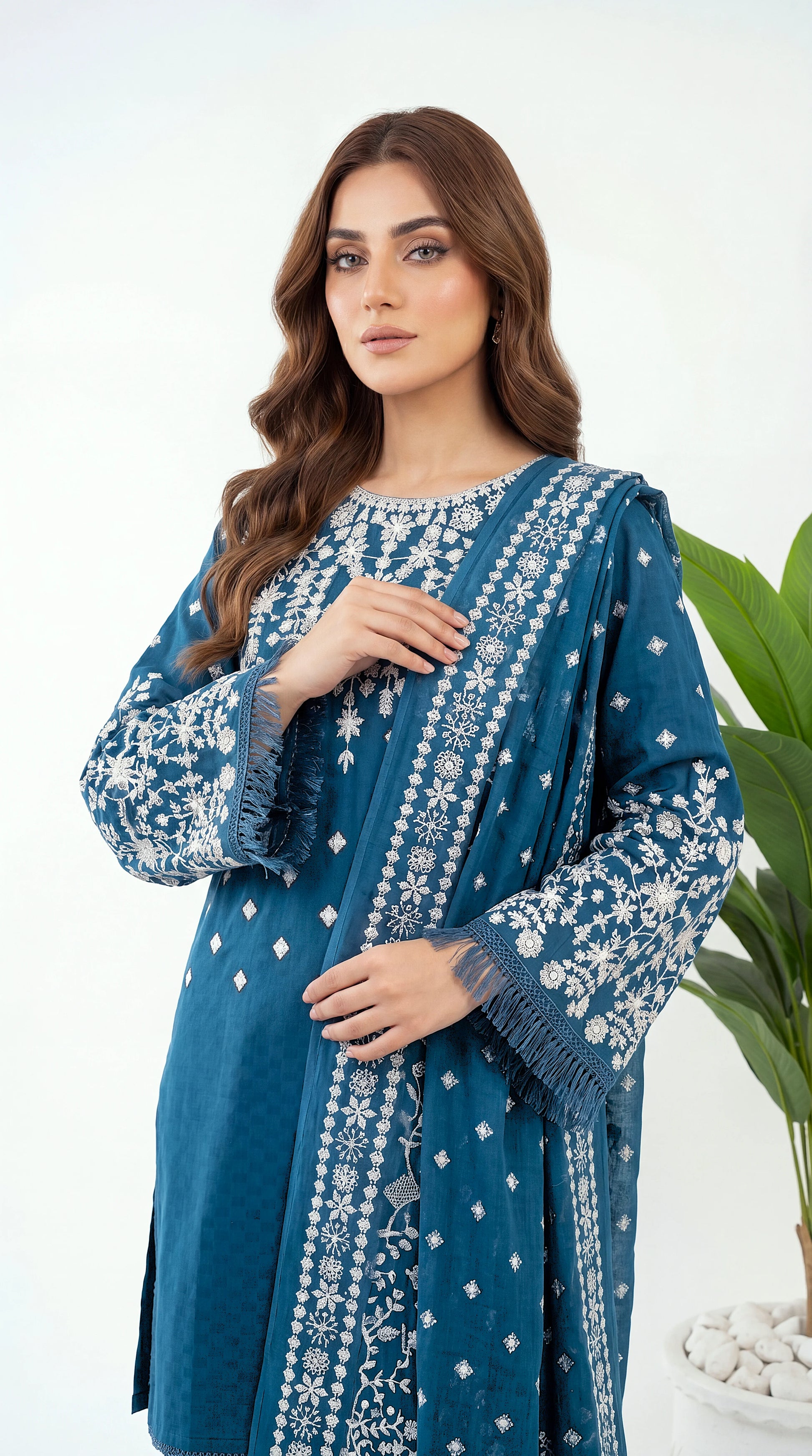 3PC Suit PL00992  Teal White Floral Embroidered Statement Sleeves ZINK / SML