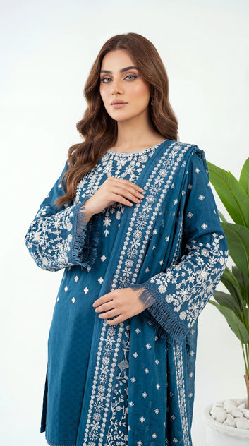 3PC Suit PL00992  Teal White Floral Embroidered Statement Sleeves ZINK / SML
