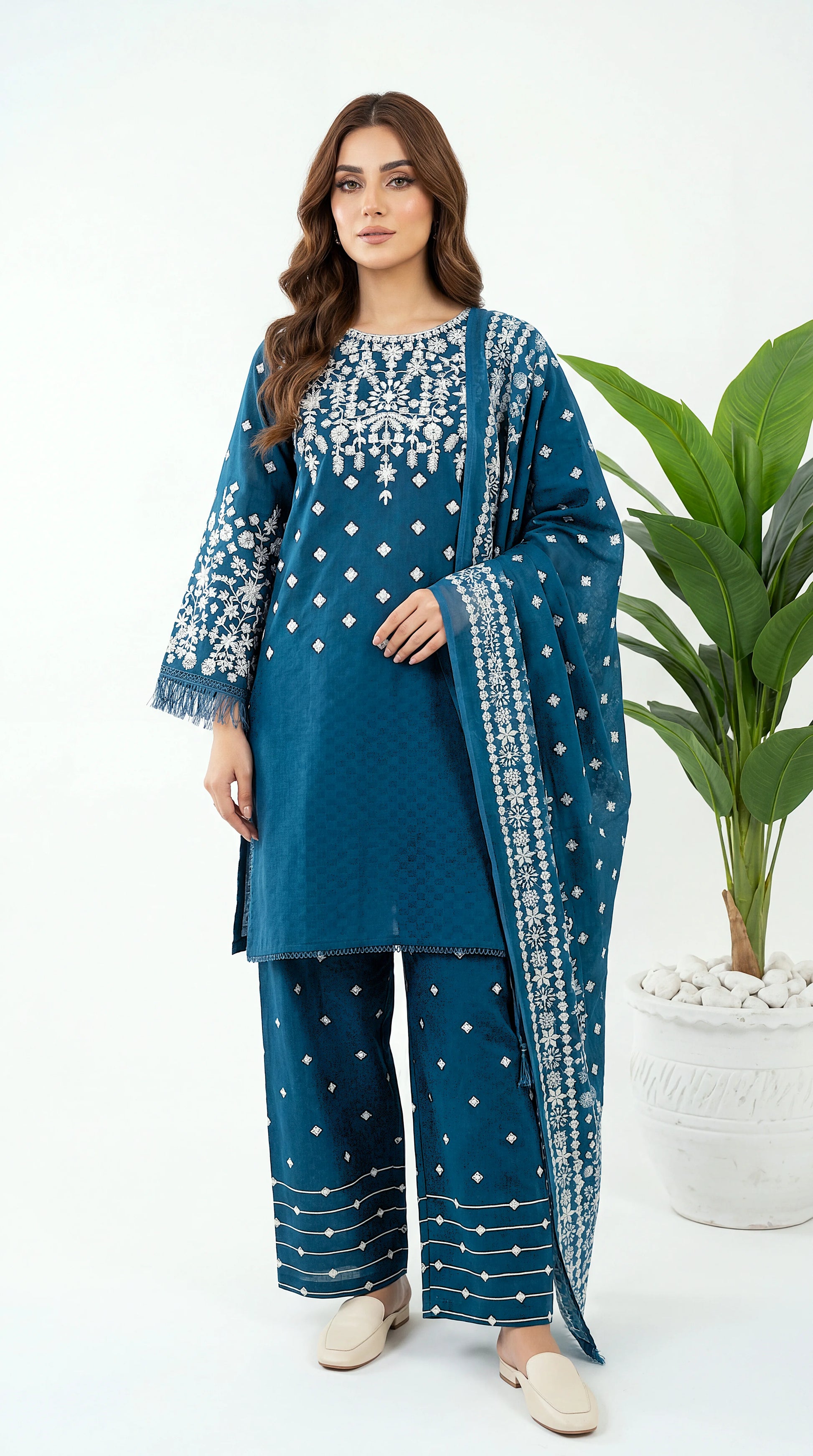3PC Suit PL00992  Teal White Floral Embroidered Statement Sleeves ZINK / SML