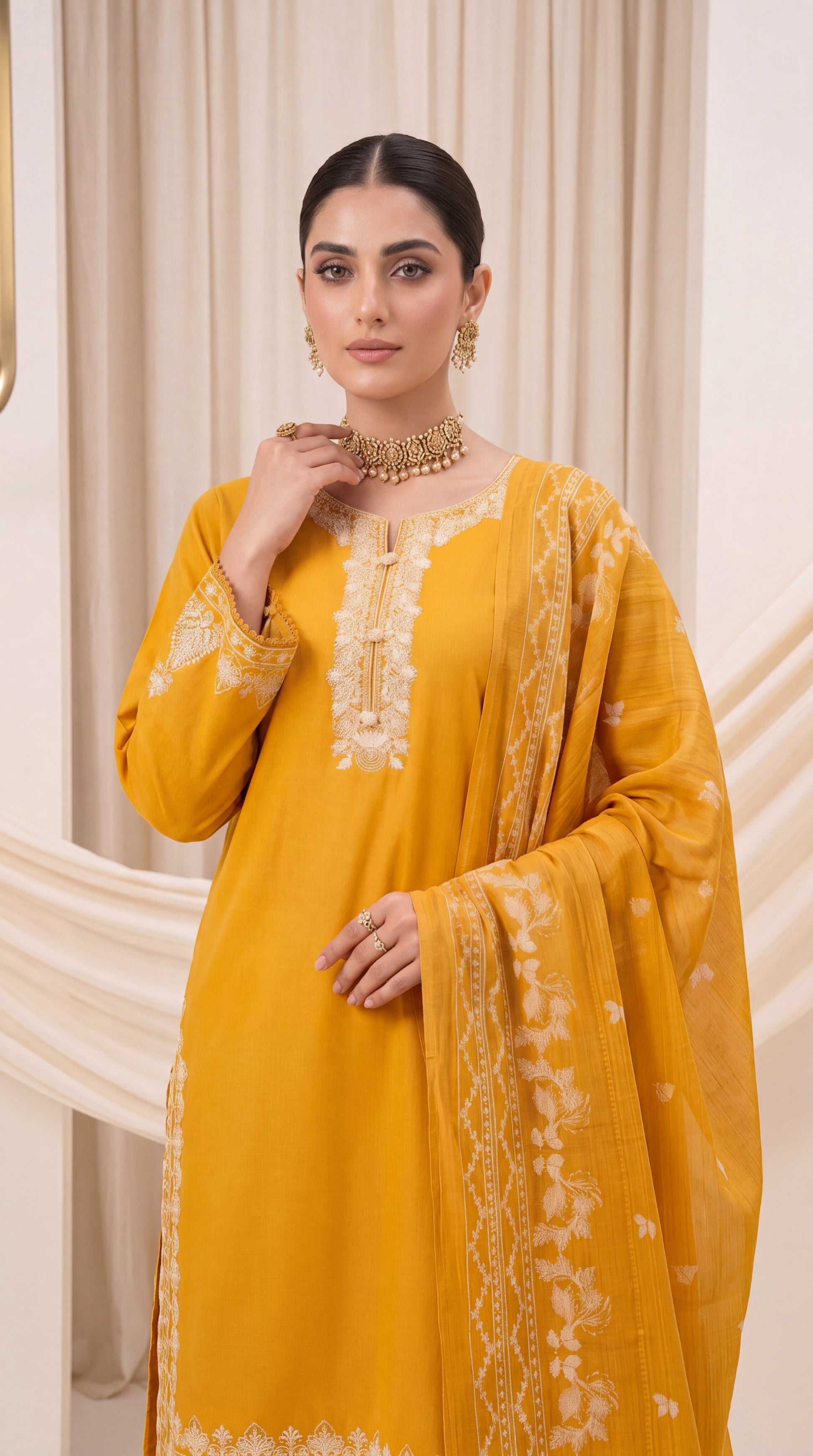Ladies Printed Lawn Suit PL00993 Mustard Embroidered Border 3 Piece YELLOW / SML