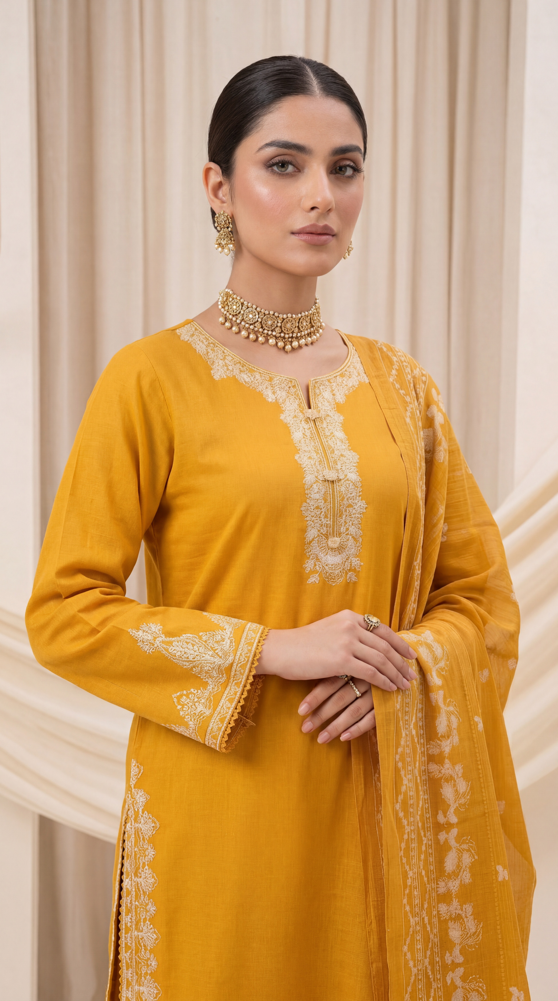Ladies Printed Lawn Suit PL00993 Mustard Embroidered Border 3 Piece YELLOW / SML